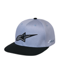 Alpinestars Thickness Snapback Hat, Grey and Black, featuring a structured crown and flat bill, black 3D embroidered Astars logo on front, side logo branding, casual motorsport-inspired headwear
