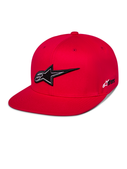 Alpinestars Thickness Snapback Hat, Red Baseball Cap with Flat Brim, prominent Black and White 3D Embroidered Astars Logo, Structured Crown with matching Red Eyelets, Casual Motorsport Streetwear