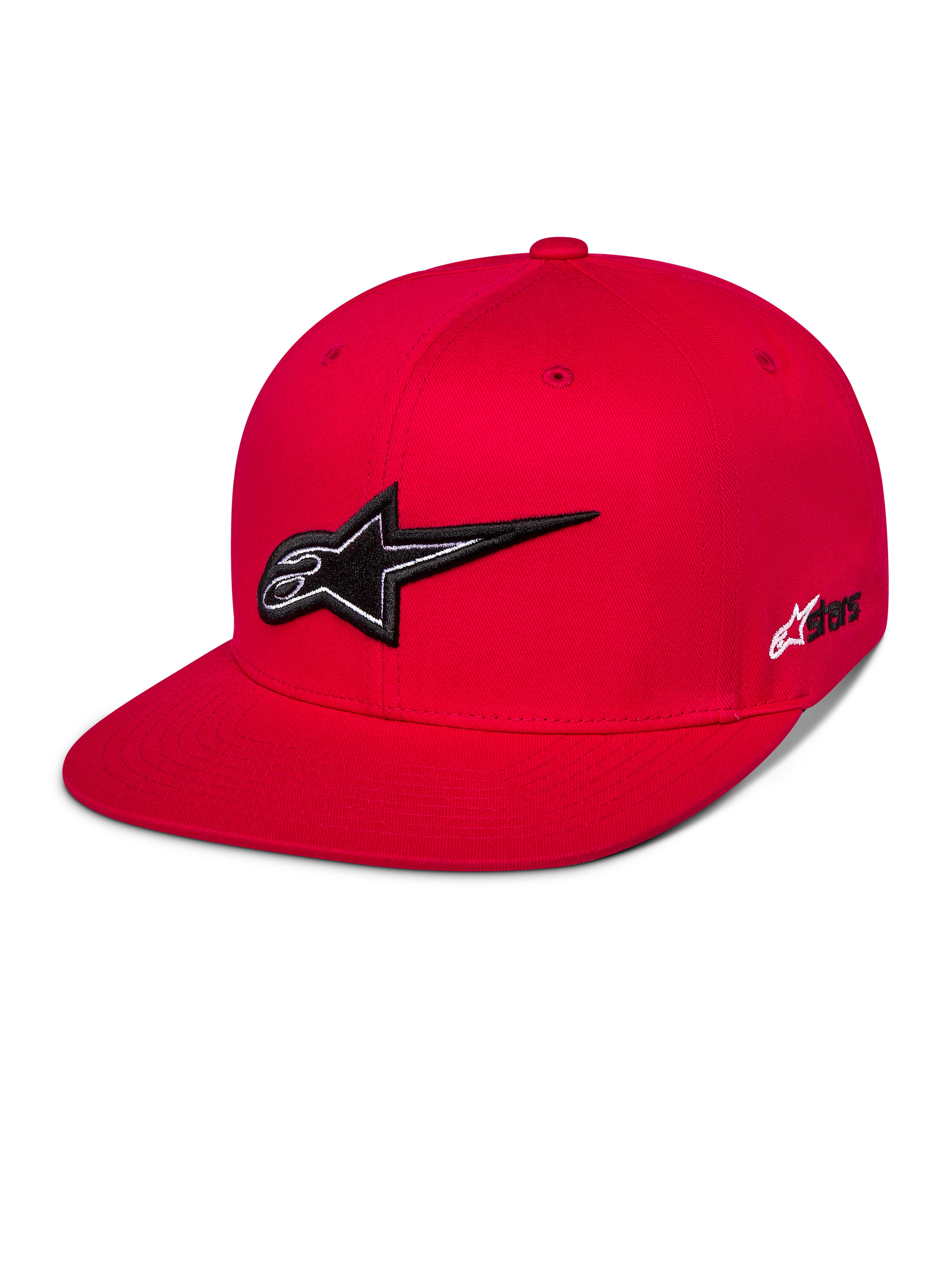 Alpinestars Thickness Snapback Hat, Red Baseball Cap with Flat Brim, prominent Black and White 3D Embroidered Astars Logo, Structured Crown with matching Red Eyelets, Casual Motorsport Streetwear