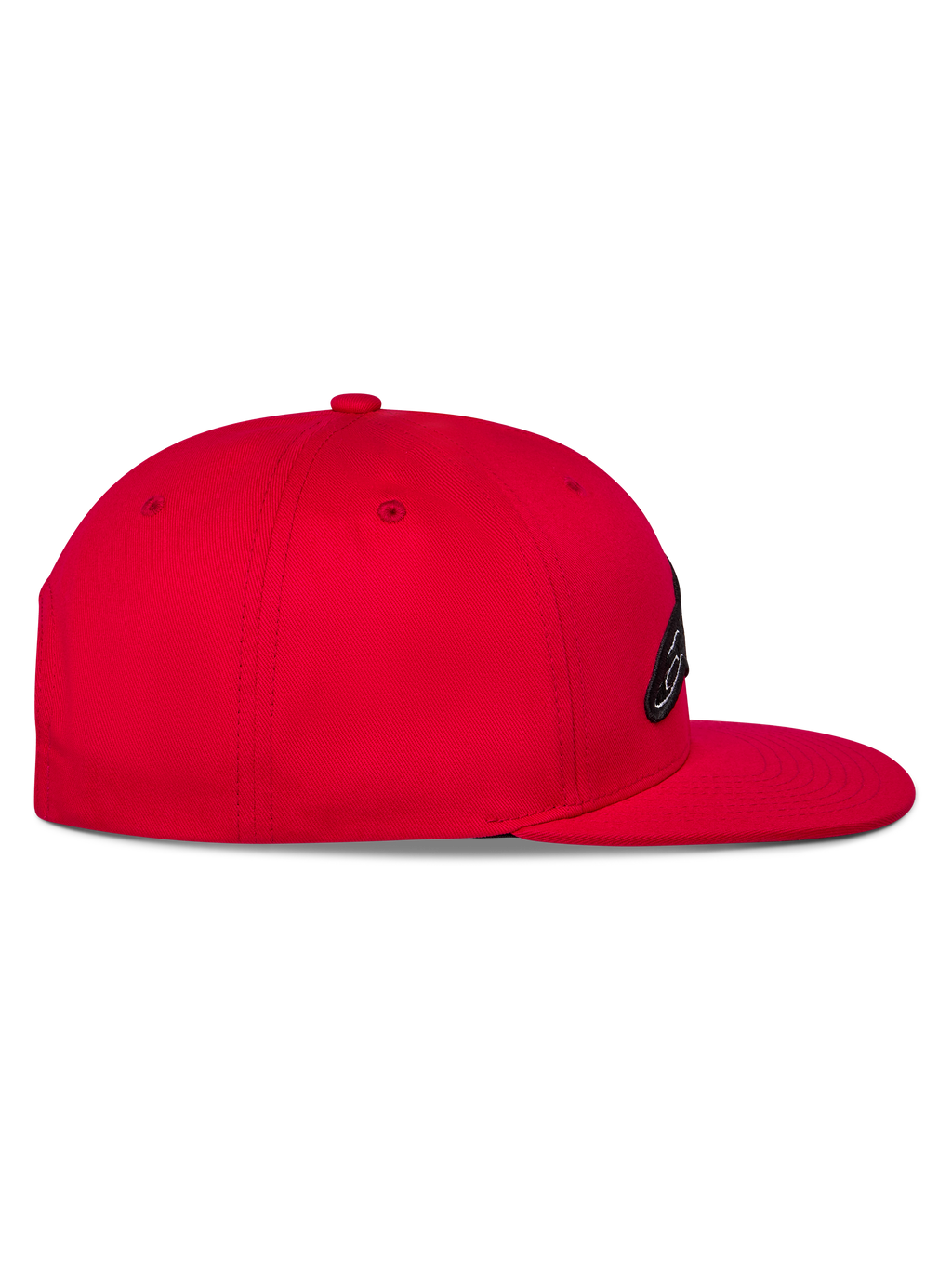 Alpinestars Thickness Snapback Hat, Red, side view showing the flat bill and structured crown, embroidered logo on the front, casual motorsport-inspired headwear