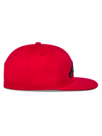 Alpinestars Thickness Snapback Hat, Red, side view showing the flat bill and structured crown, embroidered logo on the front, casual motorsport-inspired headwear