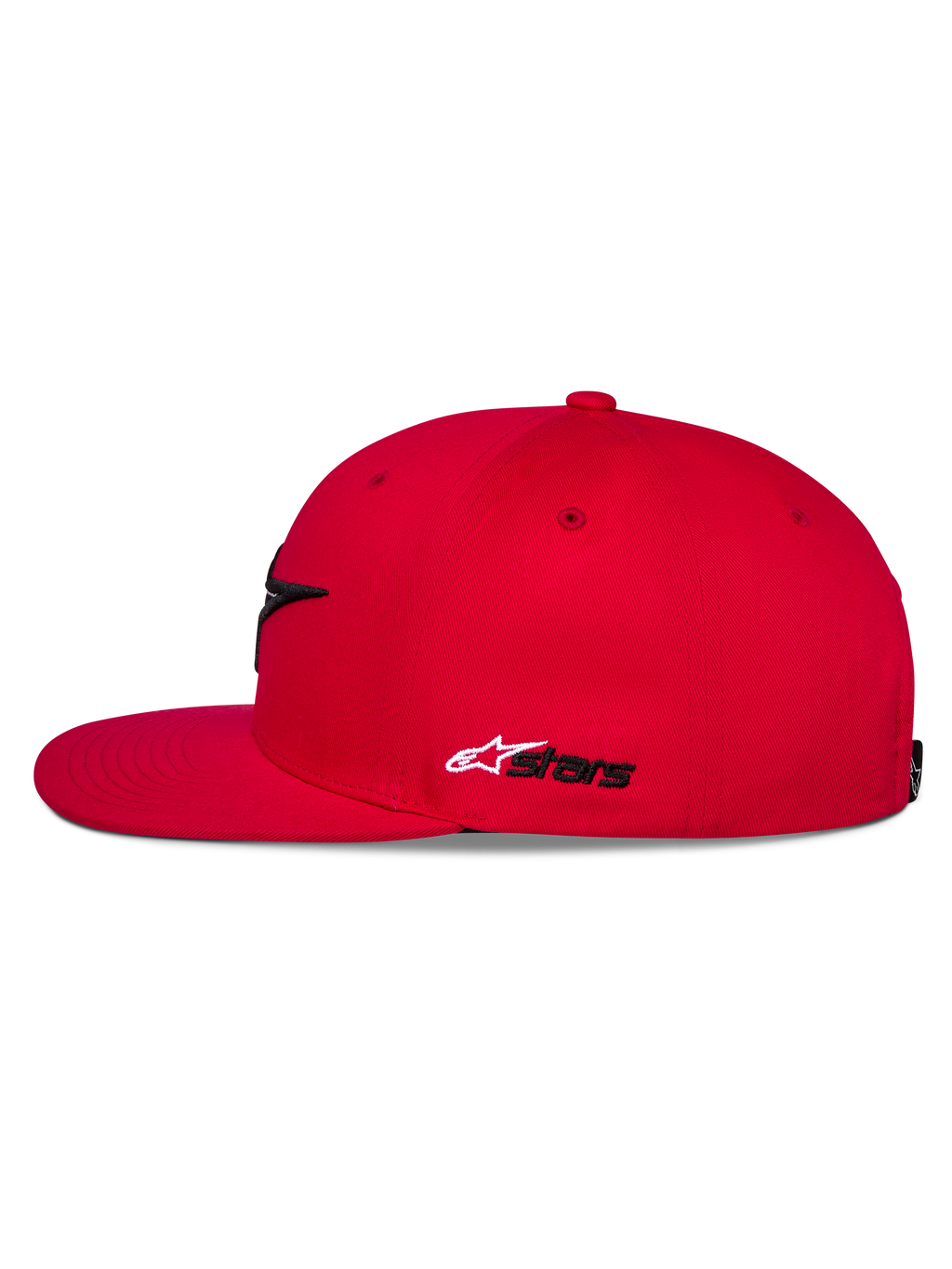 Alpinestars Thickness Snapback Hat, Red, side view, flat bill and structured crown, white and black Astars side embroidery, casual motorsport-inspired headwear