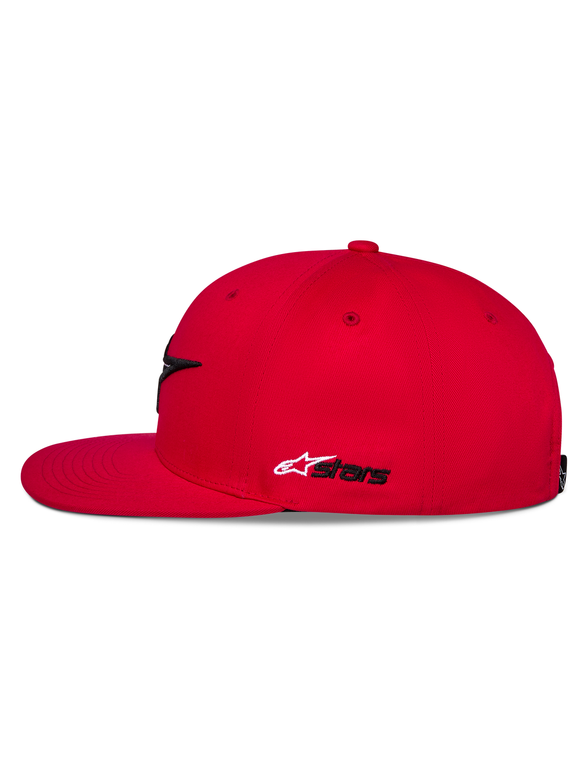 Alpinestars Thickness Snapback Hat, czerwona, widok z boku, płaski daszek i usztywniona korona, biało-czarny haft boczny Astars, codzienne nakrycie głowy inspirowane sportami motorowymi