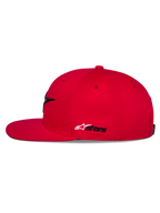 Alpinestars Thickness Snapback Hat, Red, side view, flat bill and structured crown, white and black Astars side embroidery, casual motorsport-inspired headwear