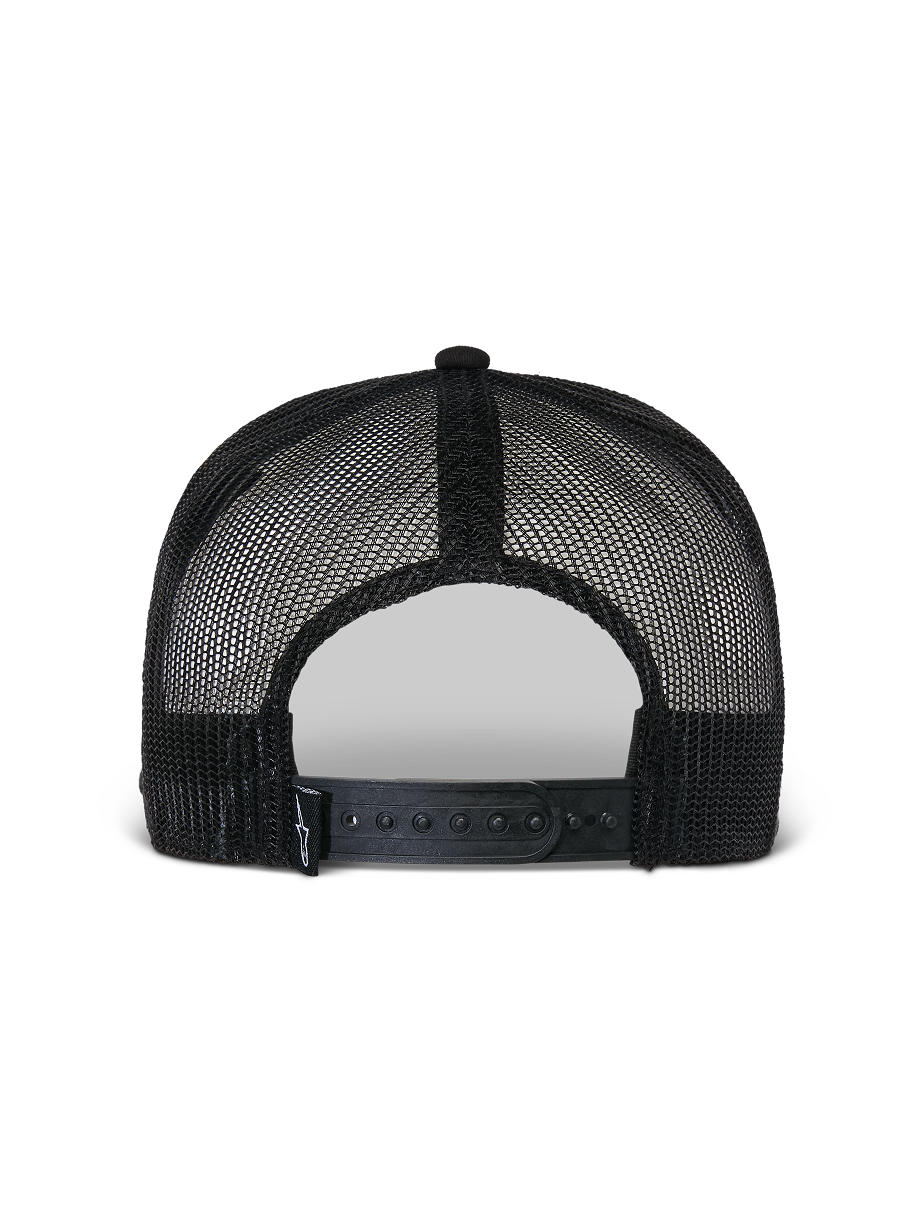 Alpinestars Flag Flat Trucker Hat, czarna czapka, widok z tyłu pokazujący konstrukcję z oddychającej poliestrowej siatki, regulowane zapięcie snapback i mały tkany detal z logo, codzienne nakrycie głowy w stylu motorsportowym