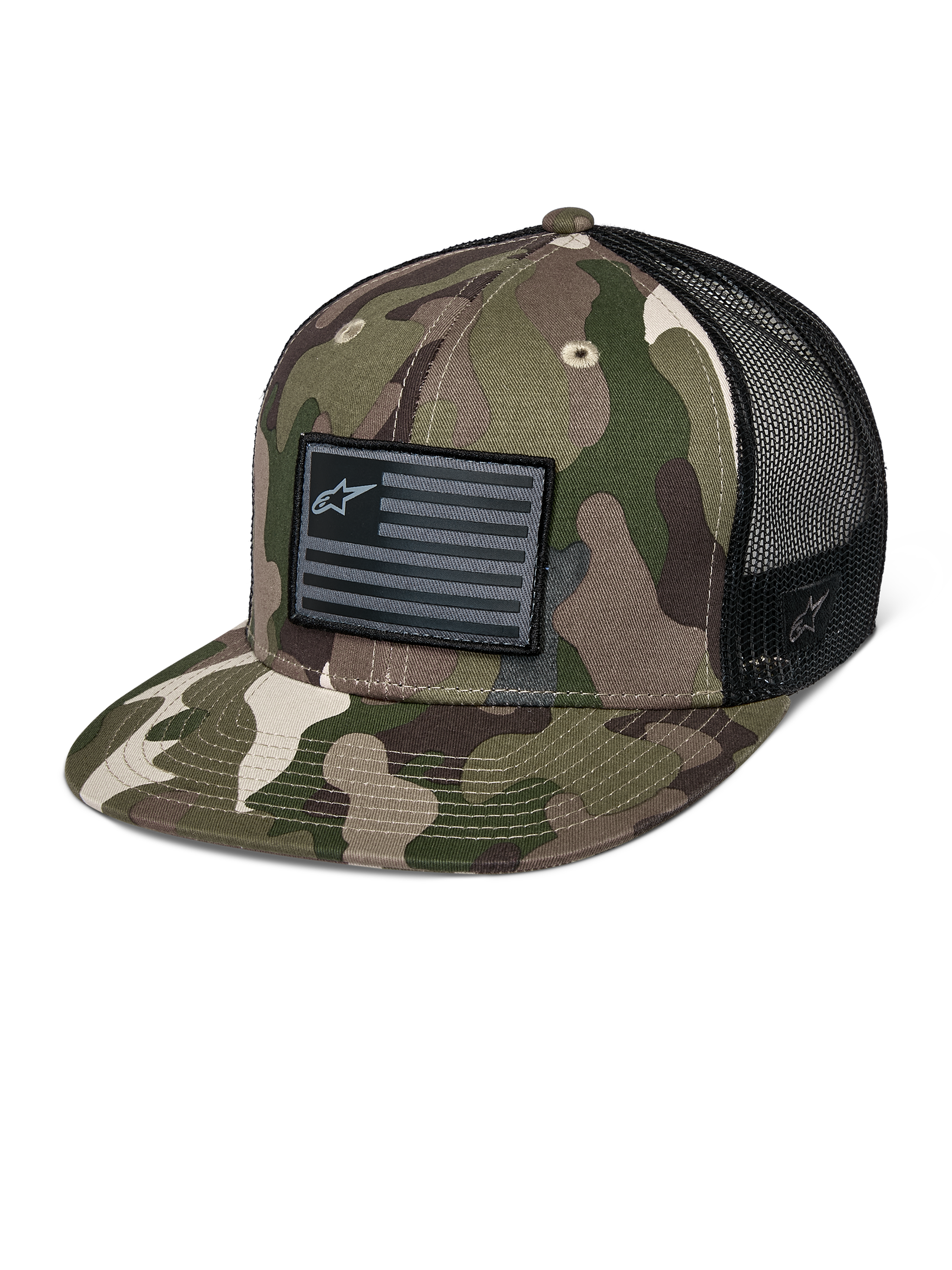 Alpinestars Flag Flat Trucker Hat, czapka typu trucker z płaskim daszkiem, zielone moro i czarny, oddychająca siatka z tyłu, usztywniona korona z czarną naszywką z logo w stylu flagi, codzienne nakrycie głowy w stylu motorsport