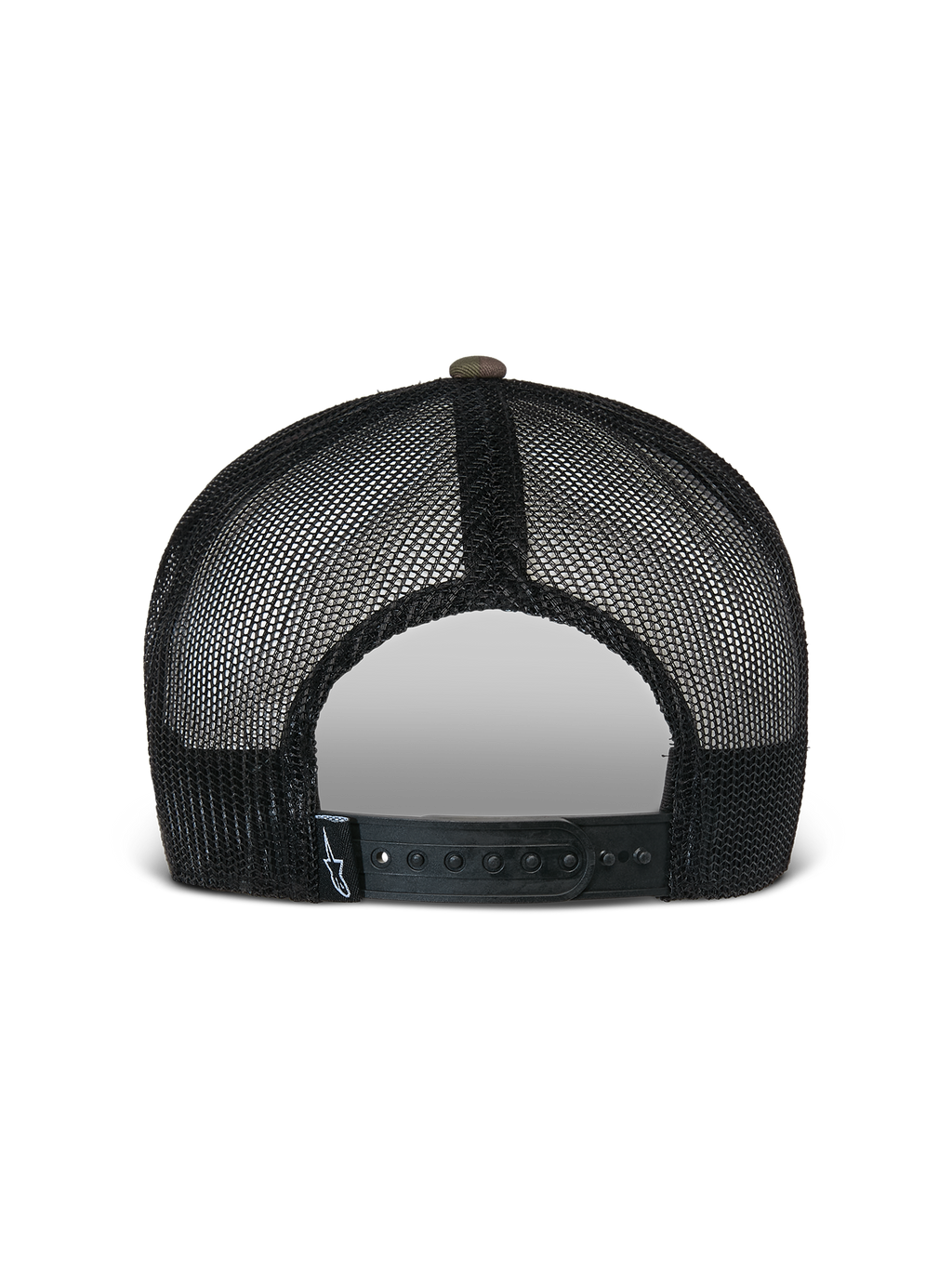 Alpinestars Flag Flat Trucker Hat, zielony kamuflaż i czarny, widok z tyłu z oddychającymi czarnymi panelami z siatki i regulowanym zapięciem typu snapback z małą metką z logo, codzienne nakrycie głowy inspirowane sportami motorowymi