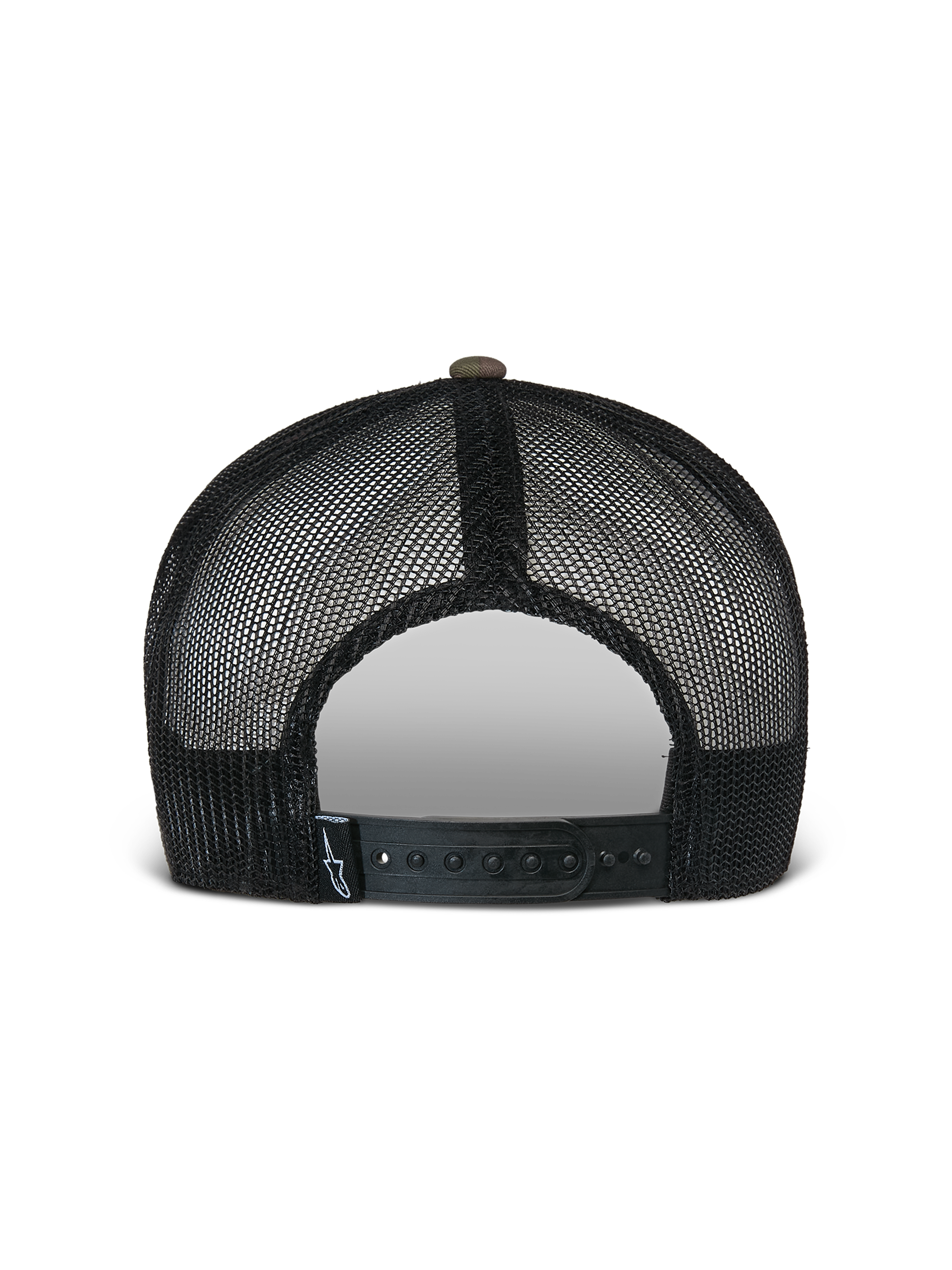 Alpinestars Flag Flat Trucker Hat, zielony kamuflaż i czarny, widok z tyłu z oddychającymi czarnymi panelami z siatki i regulowanym zapięciem typu snapback z małą metką z logo, codzienne nakrycie głowy inspirowane sportami motorowymi