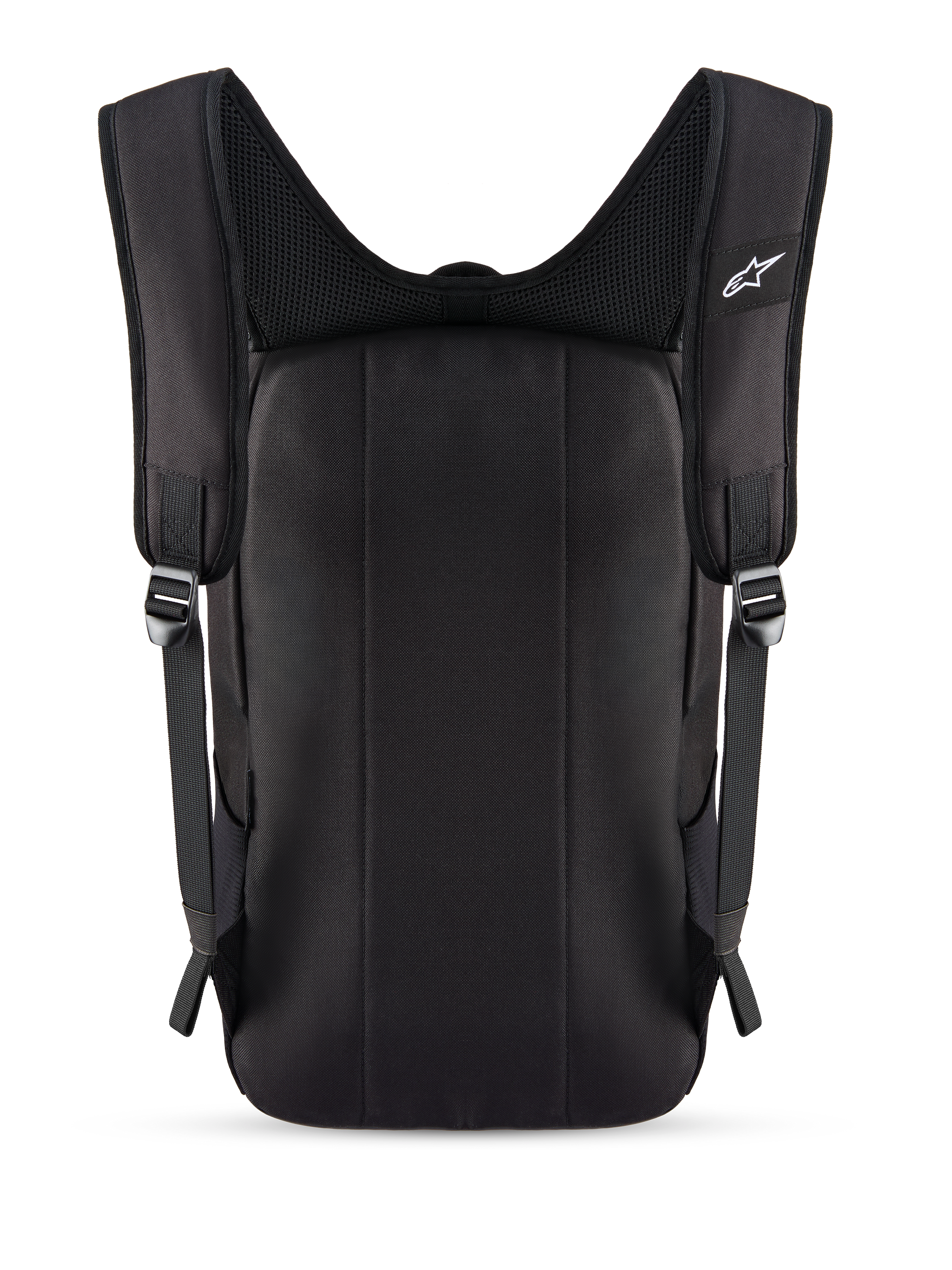 Plecak Alpinestars Defcon V3, czarny, widok z tyłu przedstawiający wyściełany panel tylny oraz oddychające paski na ramiona z siatki mesh, małe białe logo Alpinestars na pasku, wytrzymała konstrukcja z poliestru 600D do codziennego użytku