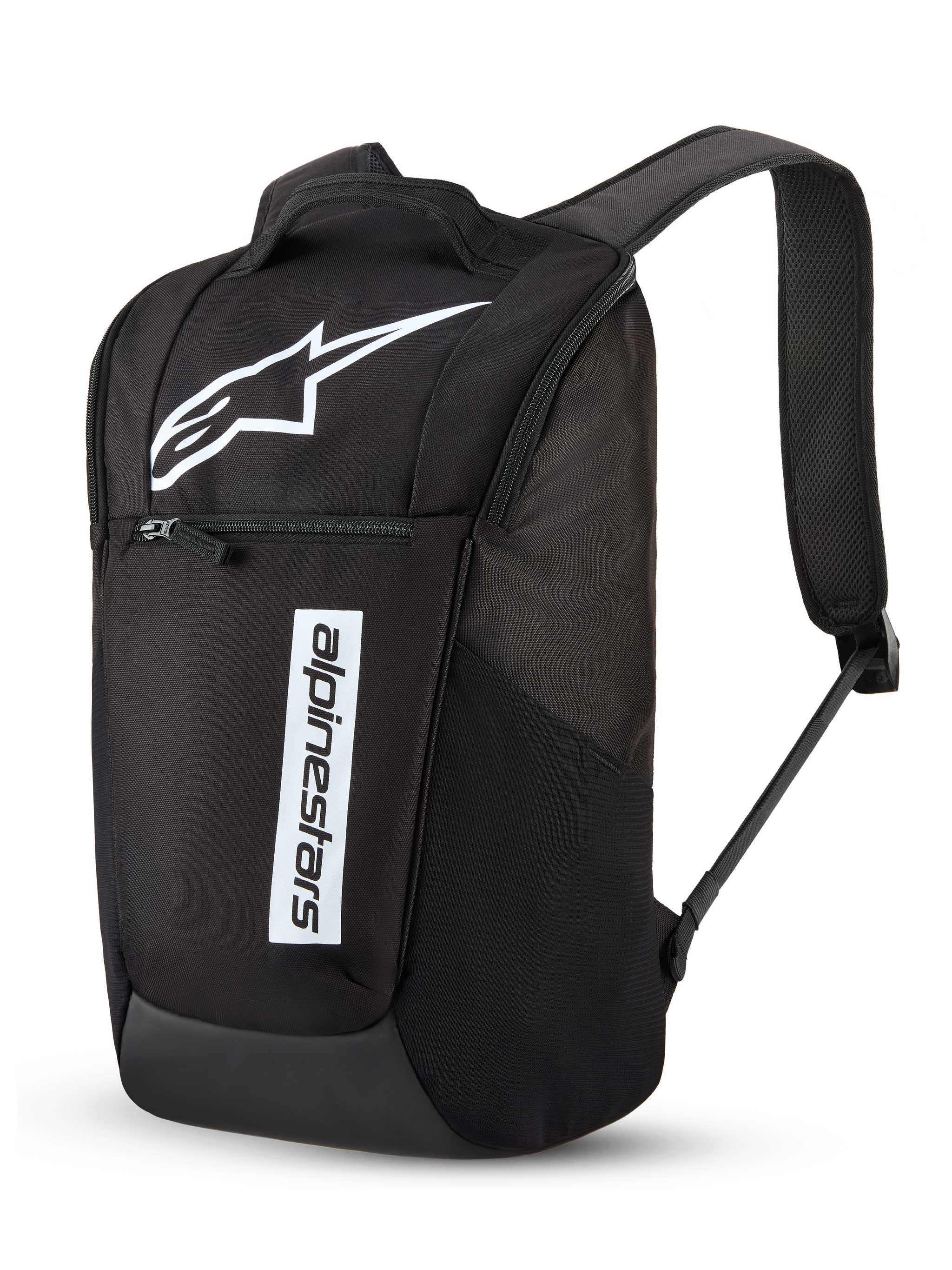 Plecak Alpinestars Defcon V3, plecak codzienny, czarno-biały, z dużym białym logo Astar i pionowym napisem Alpinestars, przednia kieszeń na zamek, wyściełane paski na ramiona z siatki air-mesh, wytrzymały poliester 600D, codzienny design inspirowany sportami motorowymi