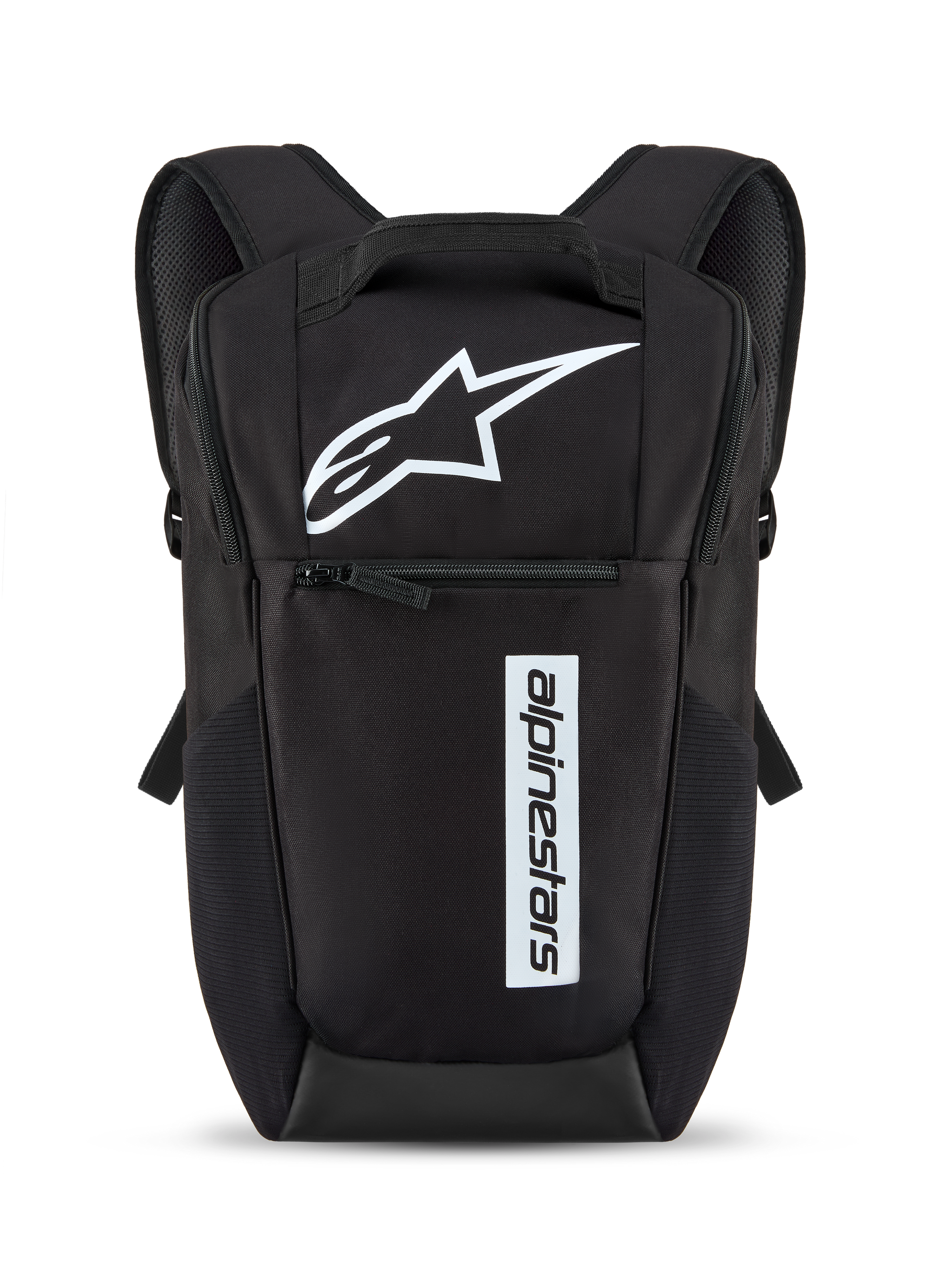 Plecak Alpinestars Defcon V3, mały plecak codzienny, czarno-biały z białym logo gwiazdy i pionowym napisem marki, przednia kieszeń na zamek, wyściełane paski na ramiona, wytrzymały materiał poliestrowy 600D