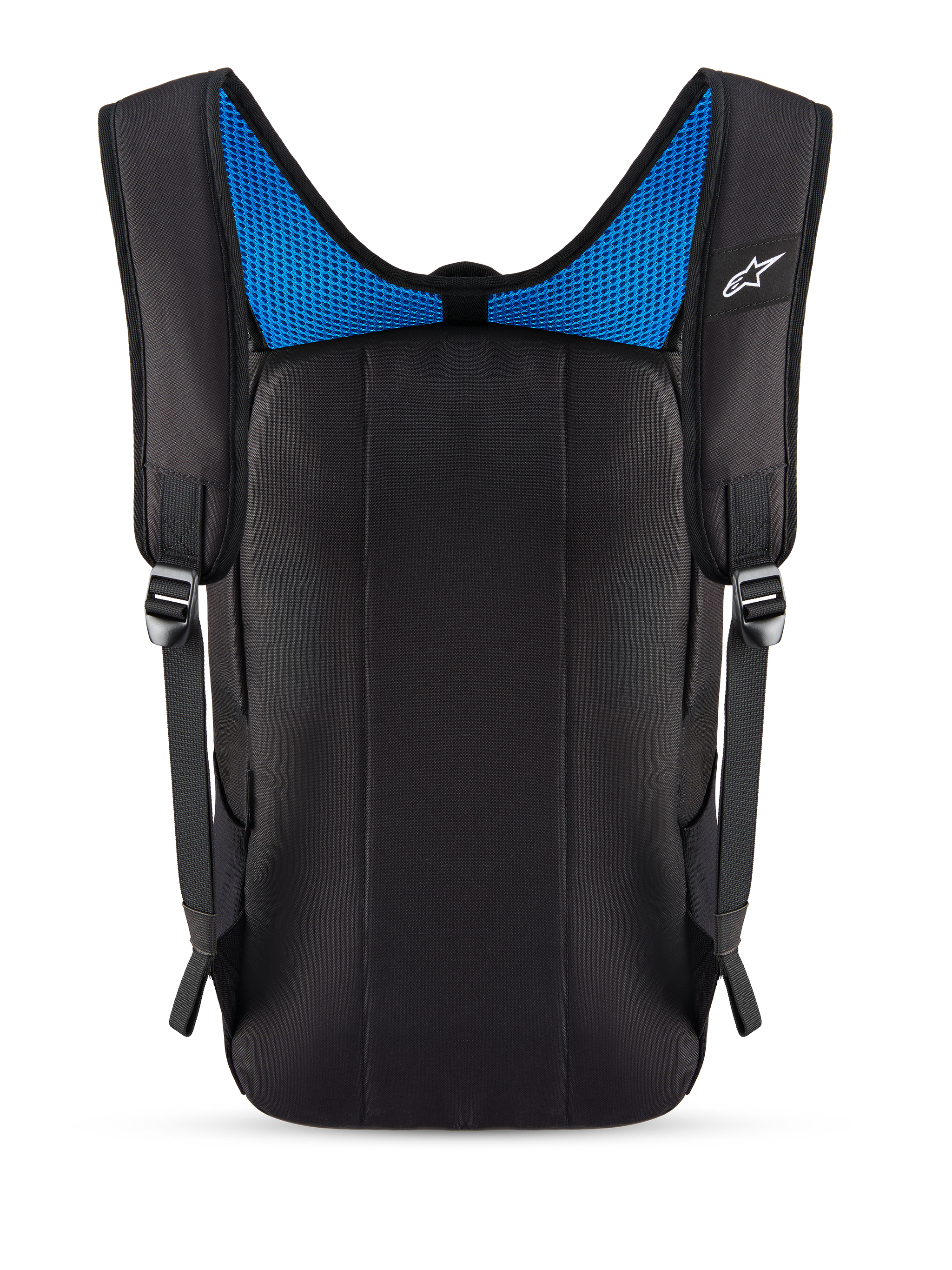 Alpinestars Defcon V3 Backpack, Rear View, Black with Blue Mesh, featuring padded back panel and air mesh shoulder straps, small white Alpinestars logo, durable everyday pack