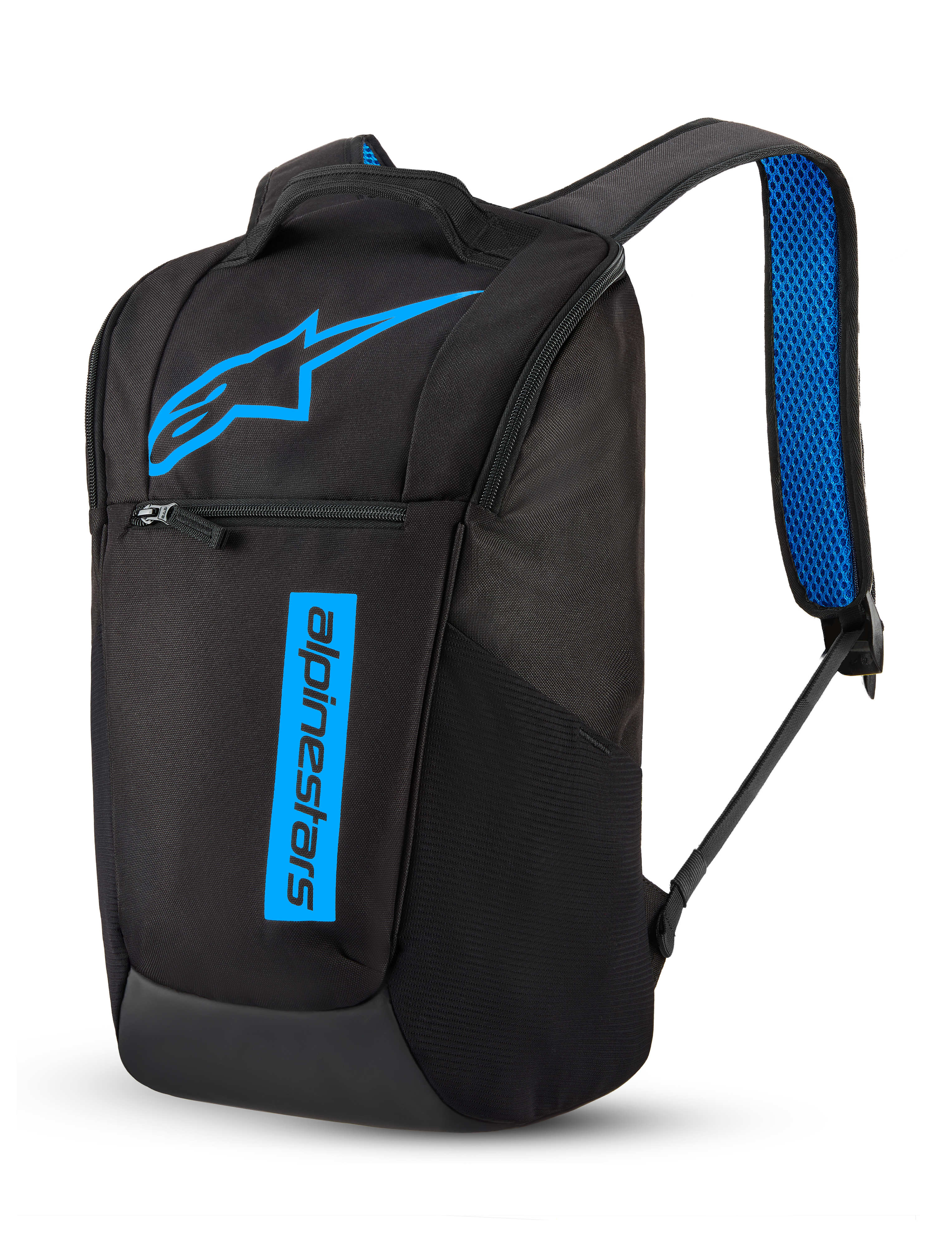 Alpinestars Plecak Defcon V3, sportowy plecak codzienny, czarny i niebieski, pojemność 13,6 l, trwała konstrukcja z poliestru 600D, nadrukowane logo, paski na ramiona z niebieską siatką mesh.