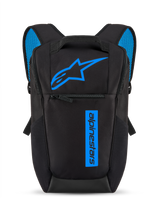 Alpinestars Defcon V3 Backpack, Black and Blue, small daily daypack with bright blue Astars logo and vertical branding, front zipper pocket, padded shoulder straps with blue air mesh, durable 600D polyester material