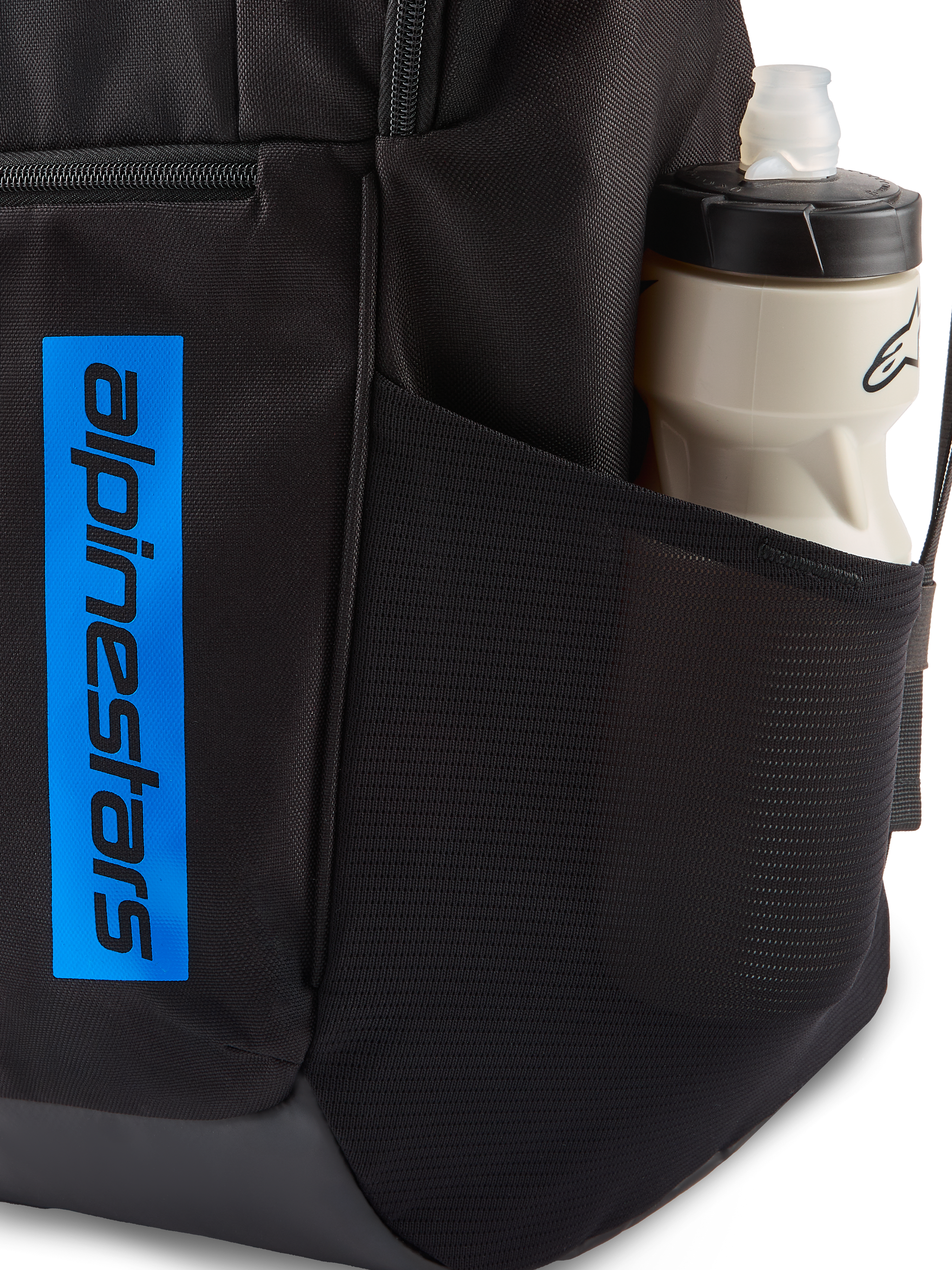 Alpinestars Defcon V3 Backpack, Black and Blue, close-up showing side mesh pocket with water bottle and vertical blue logo branding on durable black fabric
