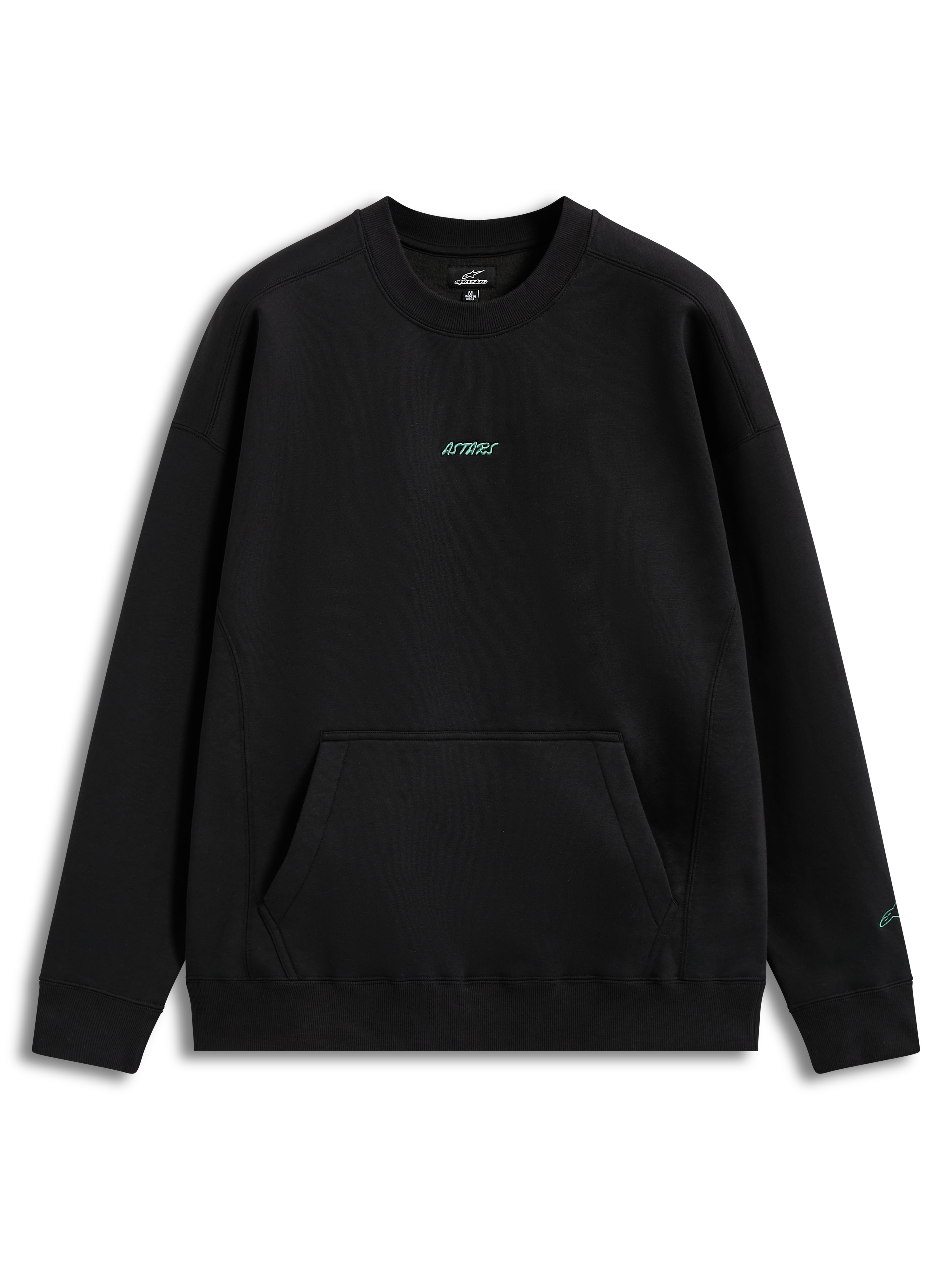 Alpinestars Guise Oversized Crew, czarna bluza sportowa z polaru, morskie haftowane logo Astars, kieszeń kangurka.