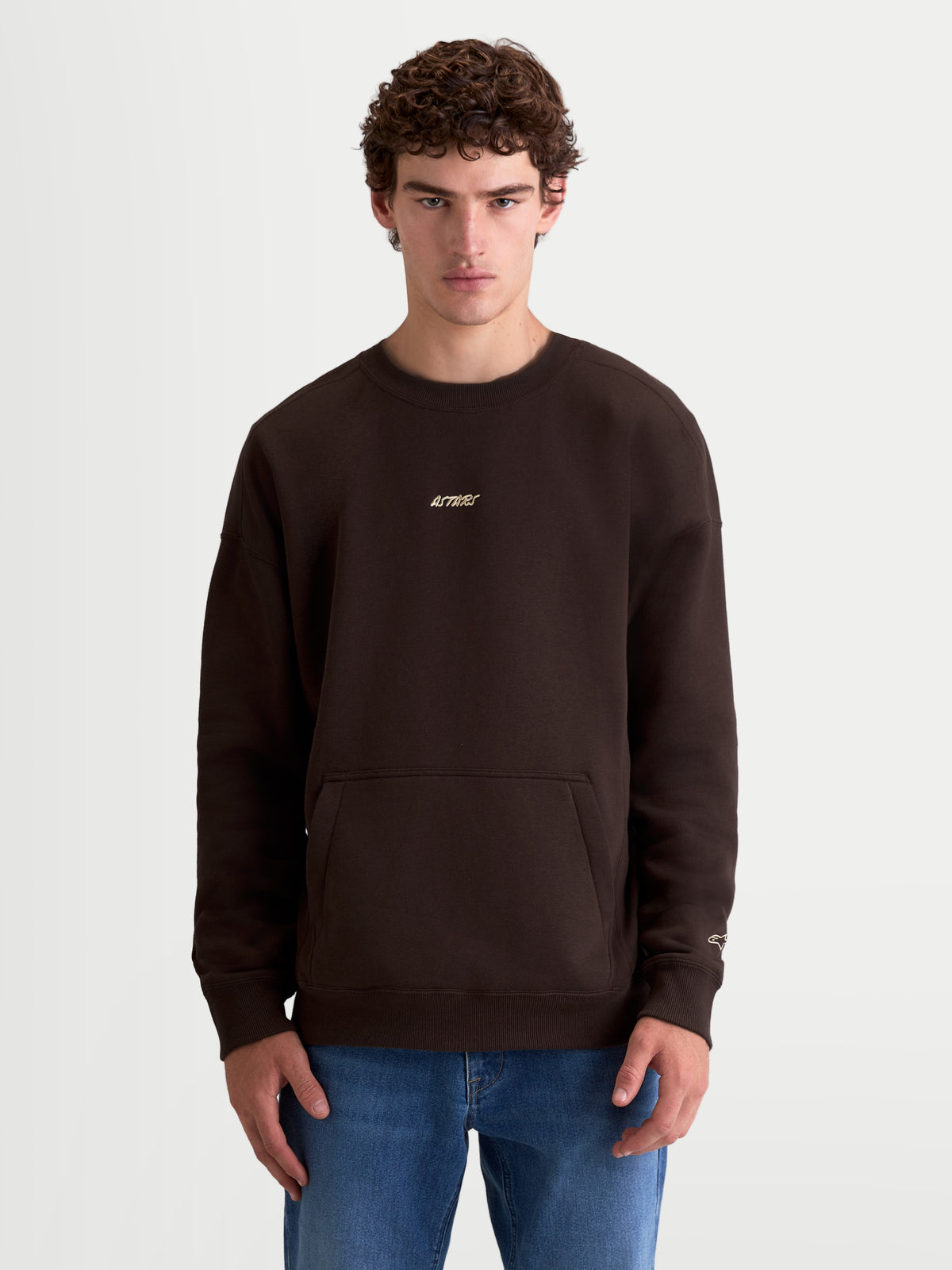 Alpinestars Guise Oversized Crew, brązowa bluza z polaru o luźnym kroju oversize, unisex, bawełna i poliester z recyklingu. Model z okrągłym dekoltem, kieszenią kangurką oraz haftowanym logo Alpinestars na piersi i rękawie. Premiumowa odzież sportowa inspirowana motorsportem.