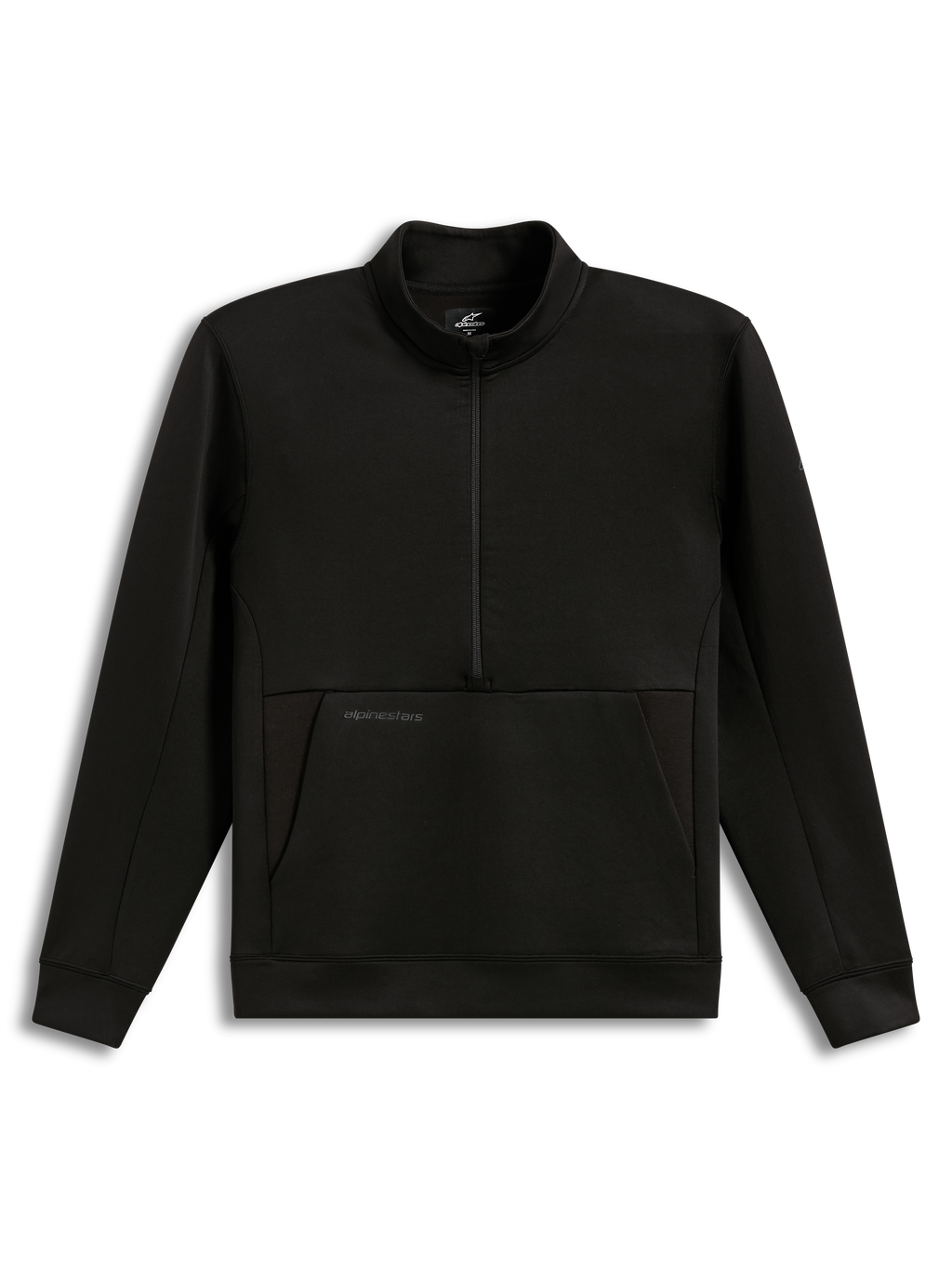 Alpinestars Apera Half-Zip Sweatshirt, czarna bluza polarowa z półzamkiem, kieszeń kangurka, tonalne logo, odzież sportowa.