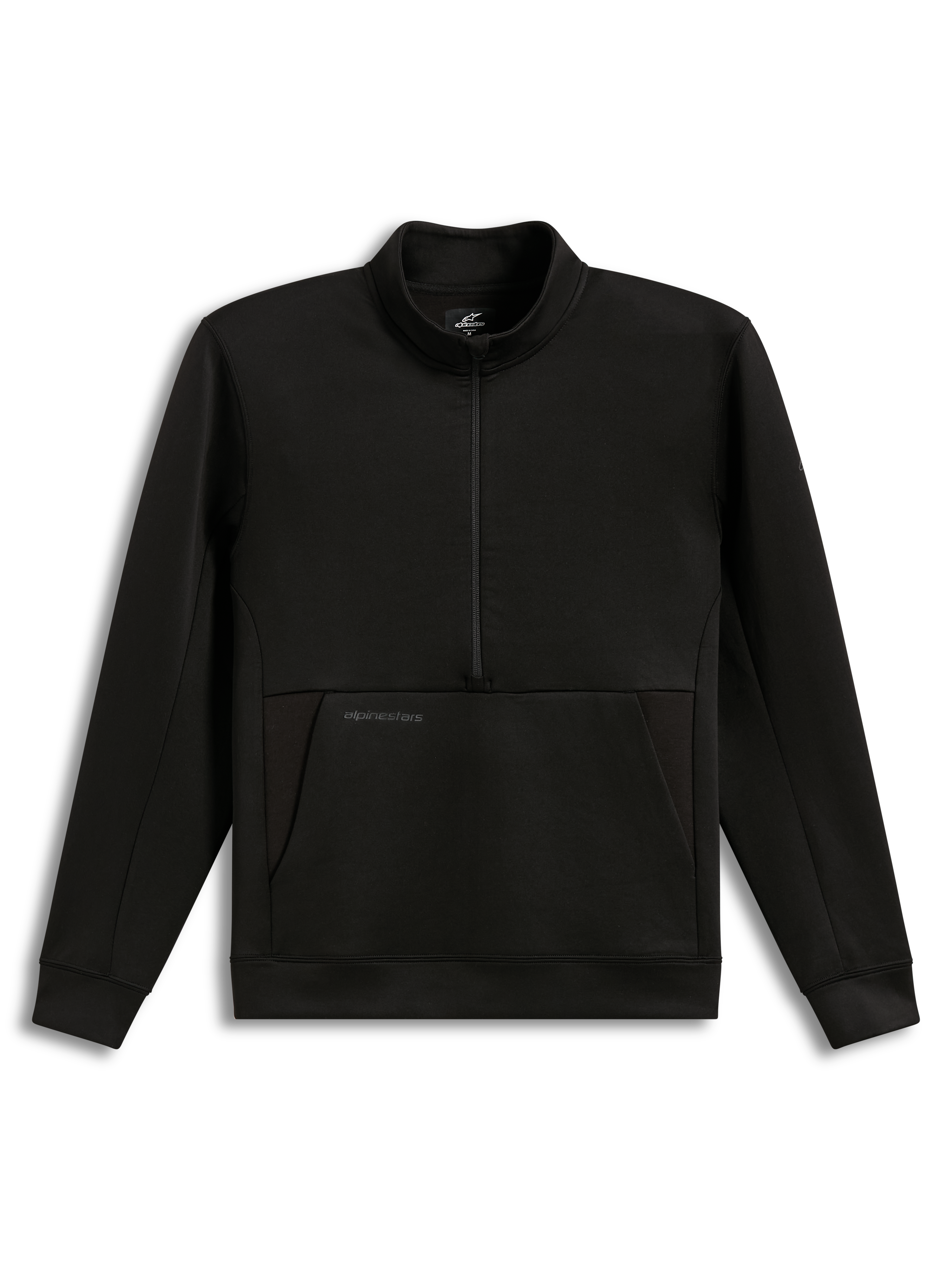 Alpinestars Apera Half-Zip Sweatshirt, czarna bluza polarowa z półzamkiem, kieszeń kangurka, tonalne logo, odzież sportowa.