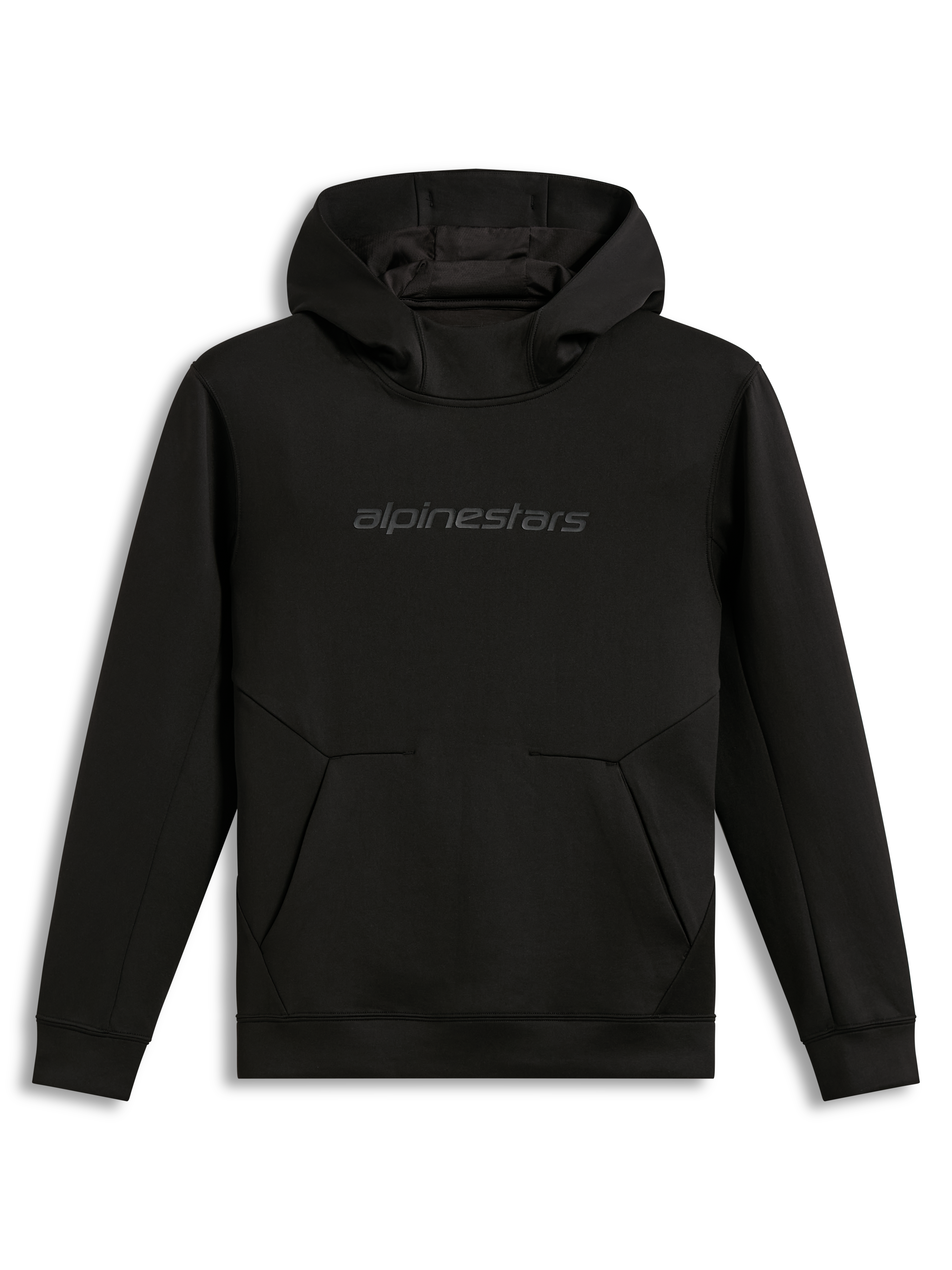 Alpinestars Datrix Hoodie, black pullover fleece for sportswear, featuring a tonal HD word logo and dart detail pocket.