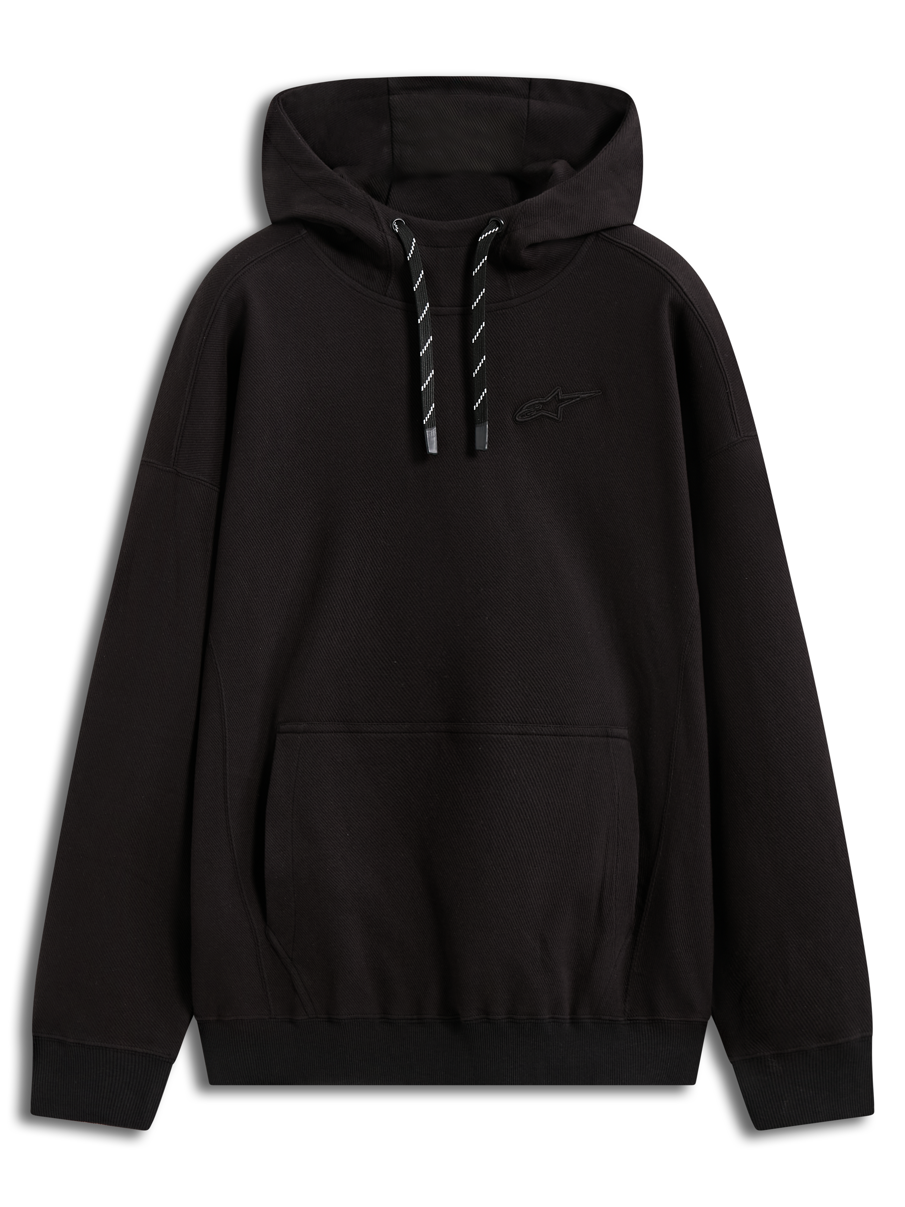 Alpinestars Camino Textured Oversized Hoodie, czarna bluza z kapturem, teksturowana dzianina, logo 3D i kieszeń kangurka.