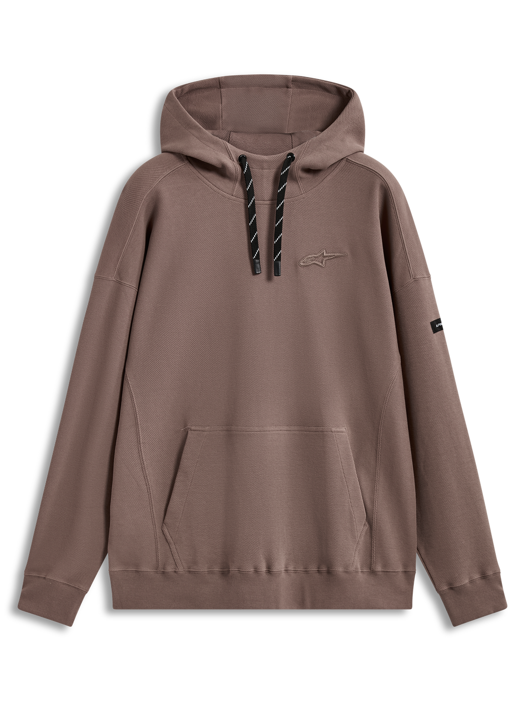 Alpinestars Camino Textured Oversized Hoodie, brązowa bluza z kapturem, teksturowana dzianina twill, wysoki kołnierz, haftowane logo 3D Astars na piersi, kieszeń kangurka, luźny krój oversize.
