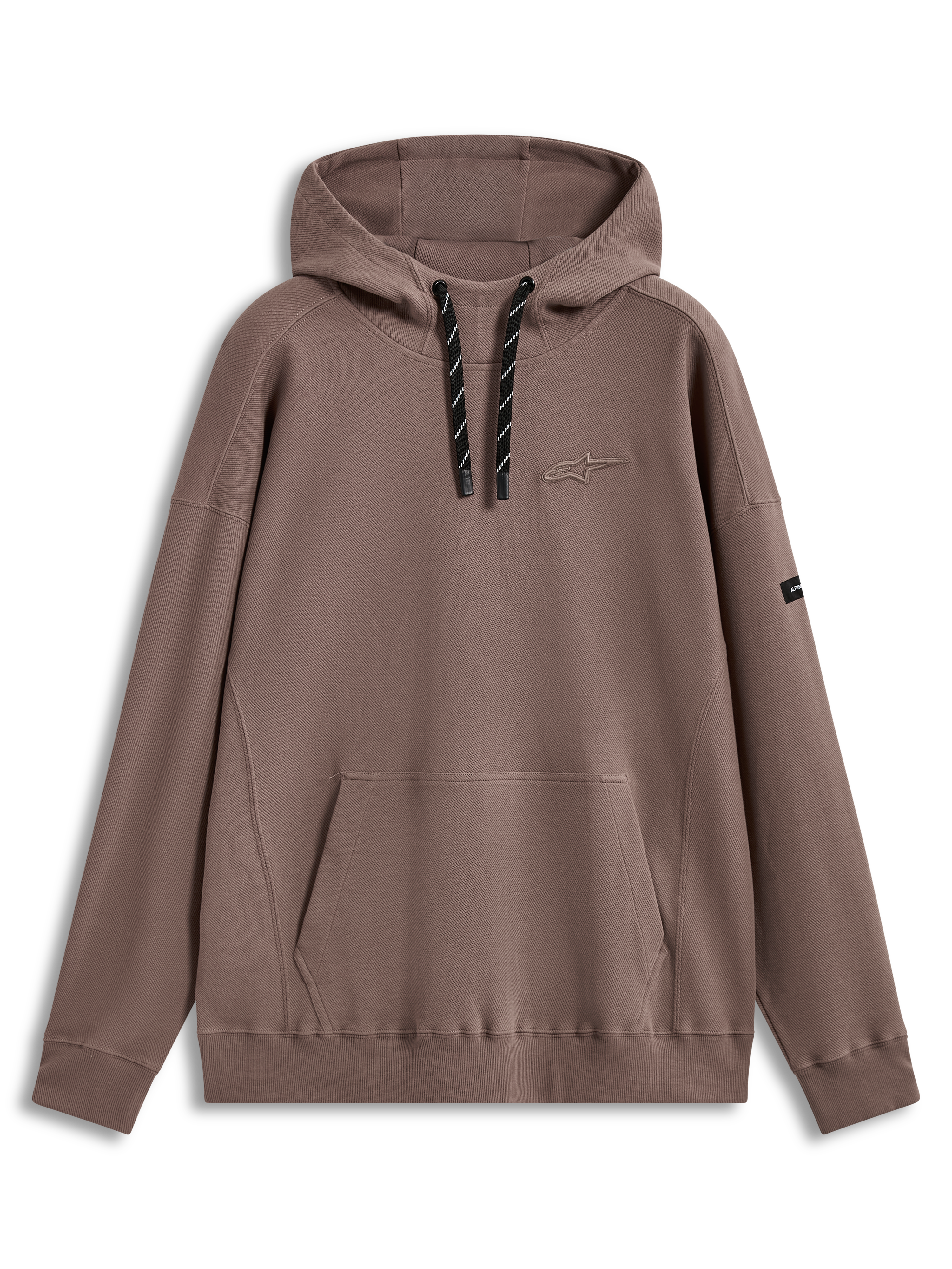 Alpinestars Camino Textured Oversized Hoodie, brązowa bluza z kapturem, teksturowana dzianina twill, wysoki kołnierz, haftowane logo 3D Astars na piersi, kieszeń kangurka, luźny krój oversize.