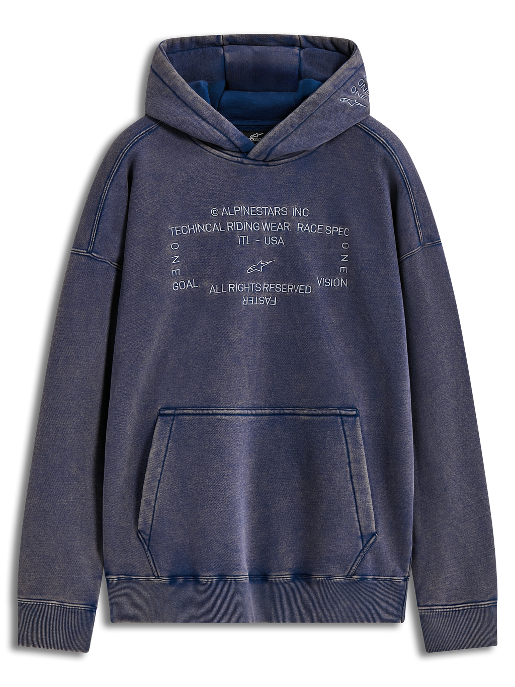 Alpinestars Infinite Washed Oversized Hoodie, niebieska bluza z kapturem typu polar z efektem snow wash, haftowane logo Alpinestars Word i kieszeń kangurka.