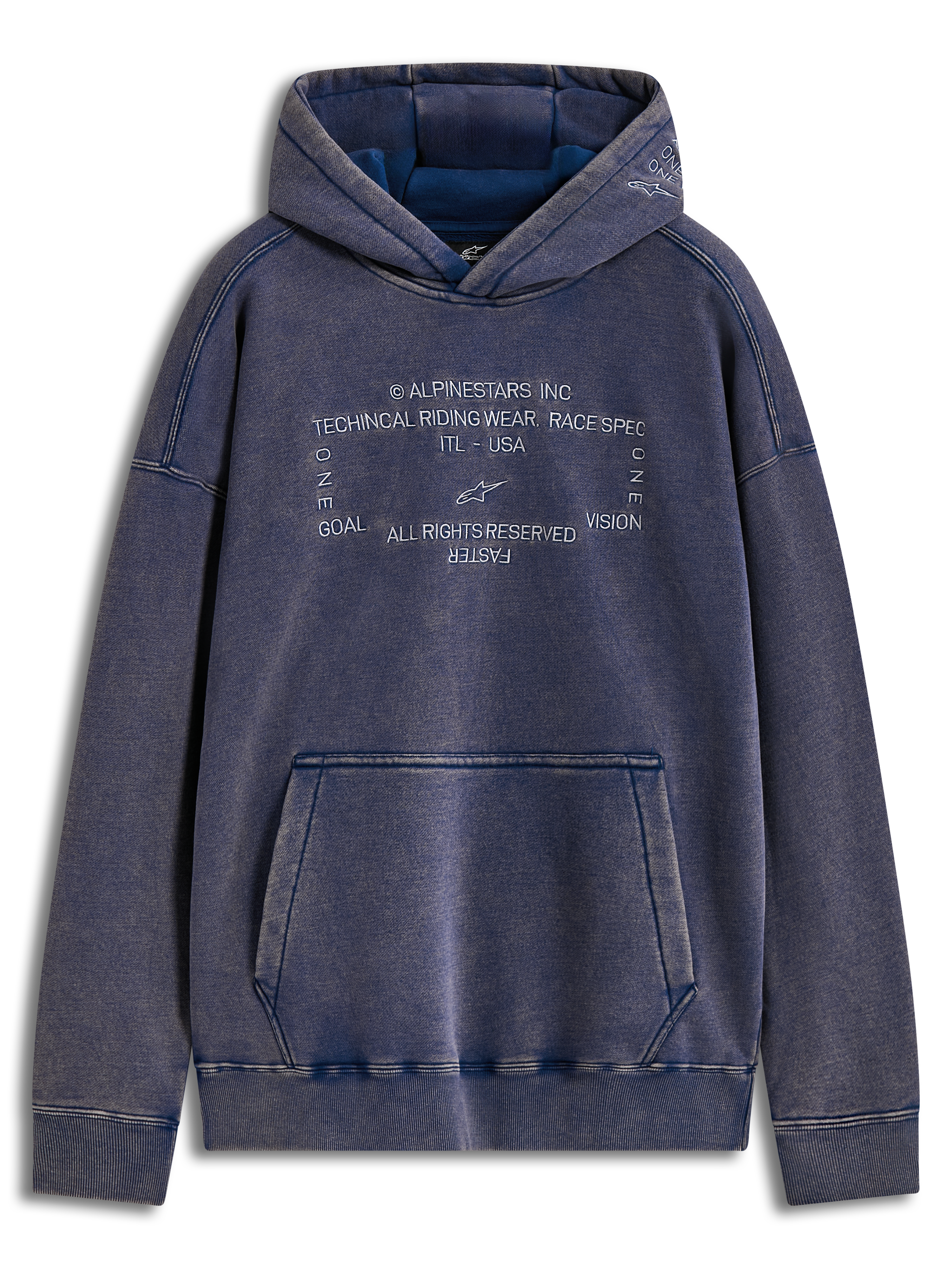 Alpinestars Infinite Washed Oversized Hoodie, niebieska bluza z kapturem typu polar z efektem snow wash, haftowane logo Alpinestars Word i kieszeń kangurka.