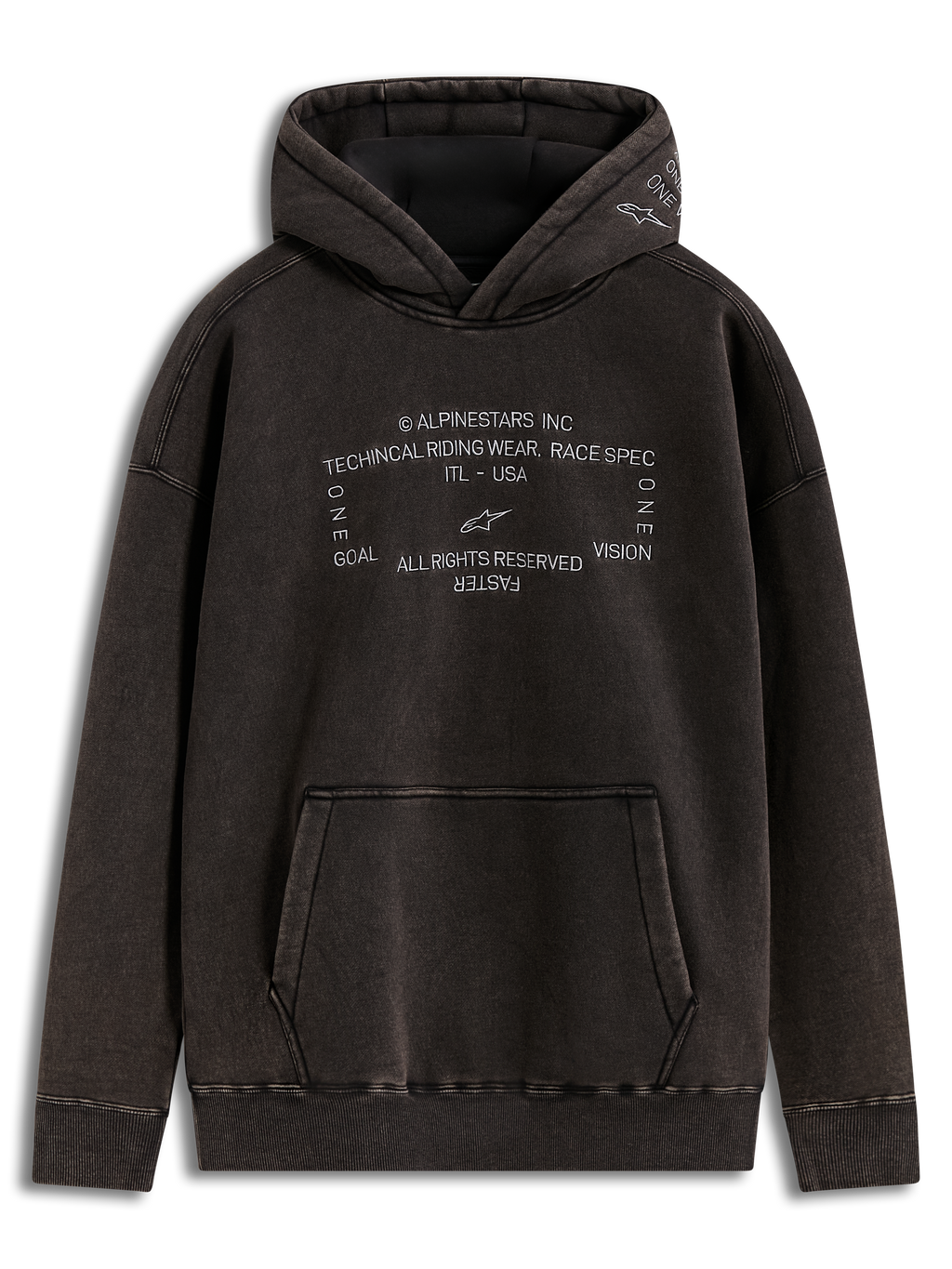 Alpinestars Infinite Washed Oversized Hoodie, czarna bluza z kapturem z efektem prania śnieżnego, haftowane białe logo racing-spec na piersi i kapturze, kieszeń kangurka, casualowa odzież sportowa