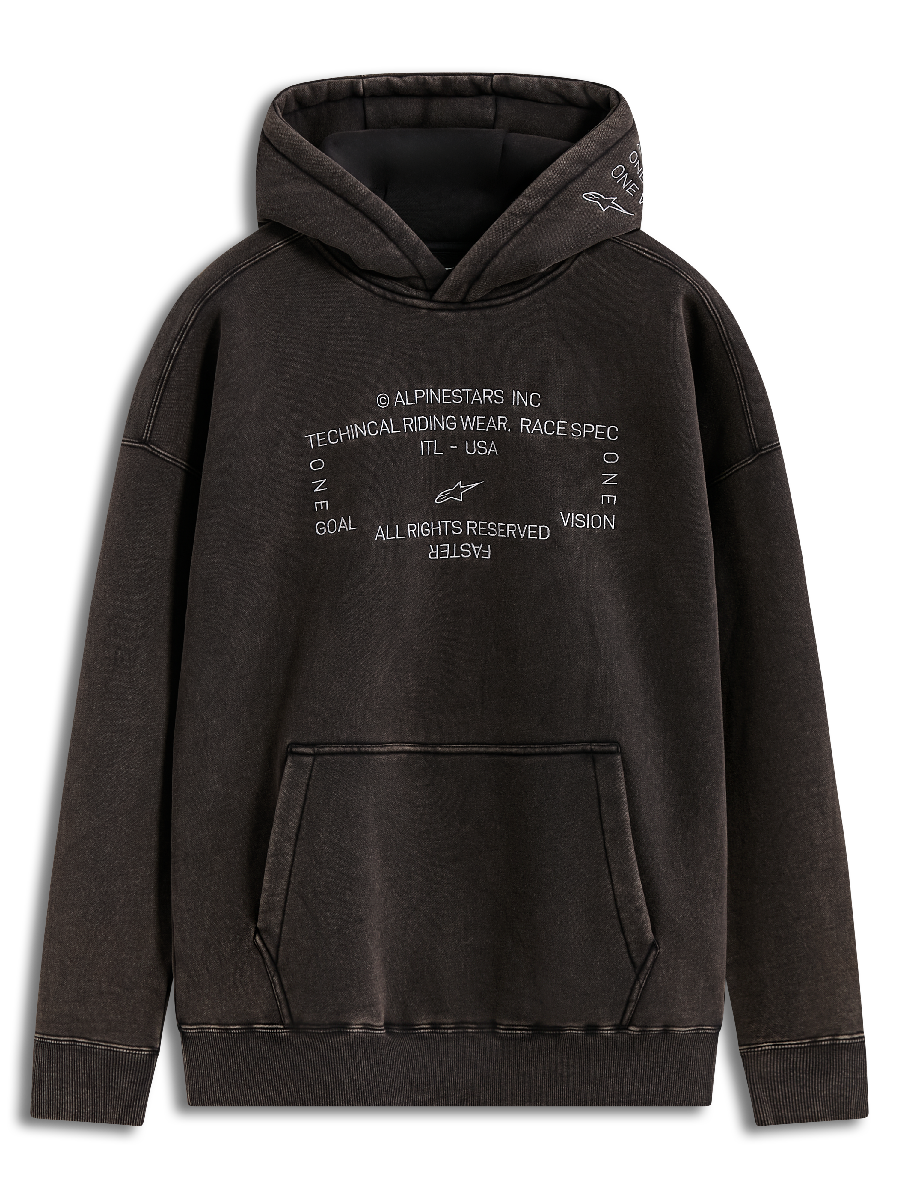 Alpinestars Infinite Washed Oversized Hoodie, czarna bluza z kapturem z efektem prania śnieżnego, haftowane białe logo racing-spec na piersi i kapturze, kieszeń kangurka, casualowa odzież sportowa