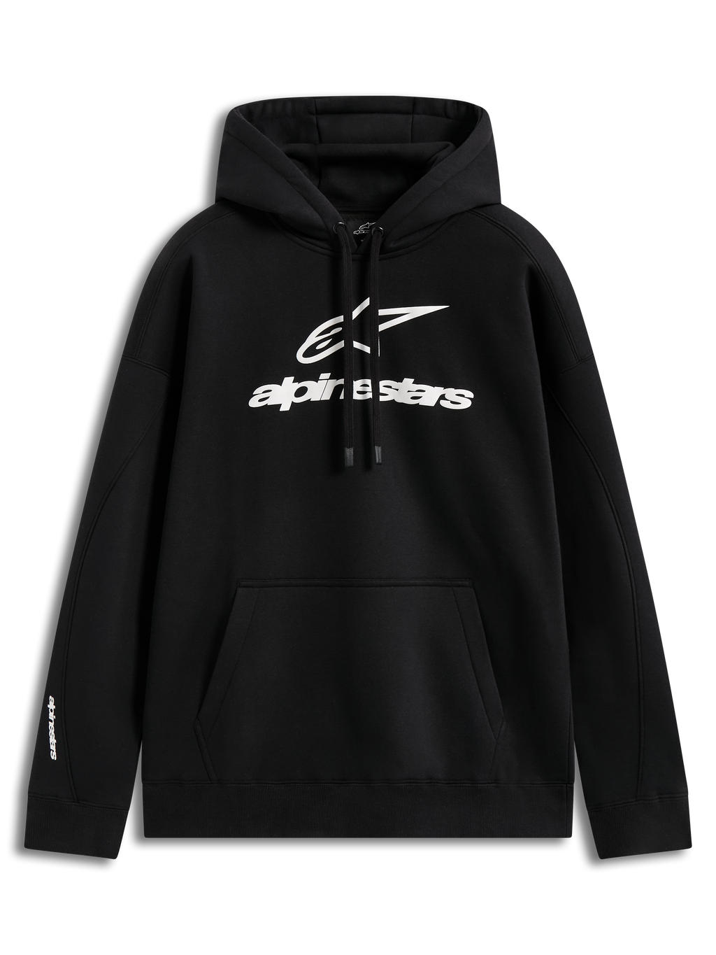 Alpinestars Prelude Oversized Hoodie, czarna bluza sportowa z kapturem, białe wypukłe logo i kieszeń kangurka.