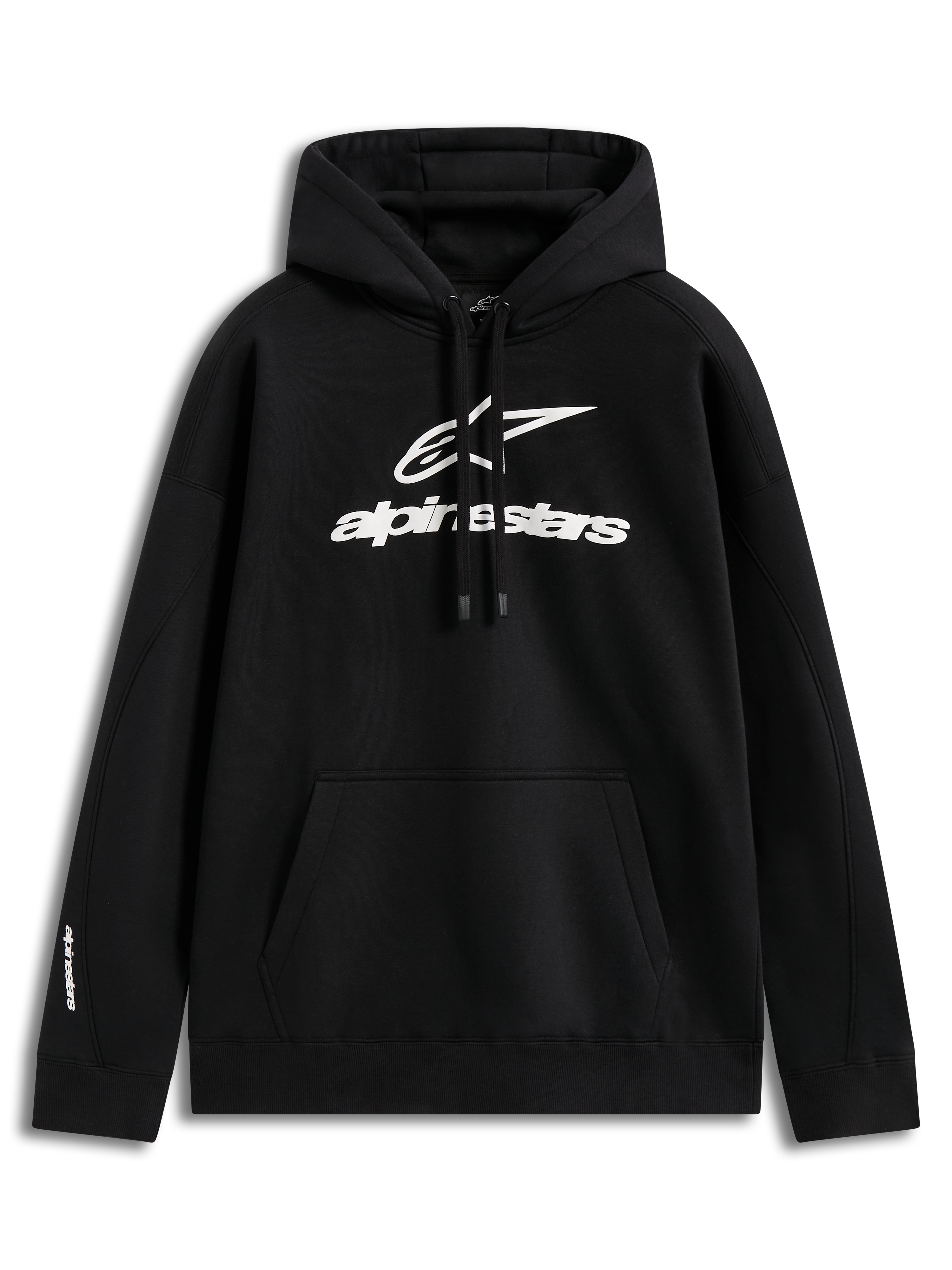 Alpinestars Prelude Oversized Hoodie, czarna bluza sportowa z kapturem, białe wypukłe logo i kieszeń kangurka.