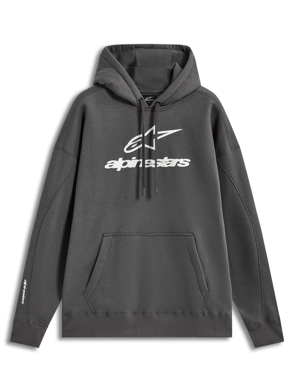 Alpinestars Prelude Oversized Hoodie, ciemnoszara polarowa bluza z kapturem, białe wypukłe logo na piersi, luźny krój.
