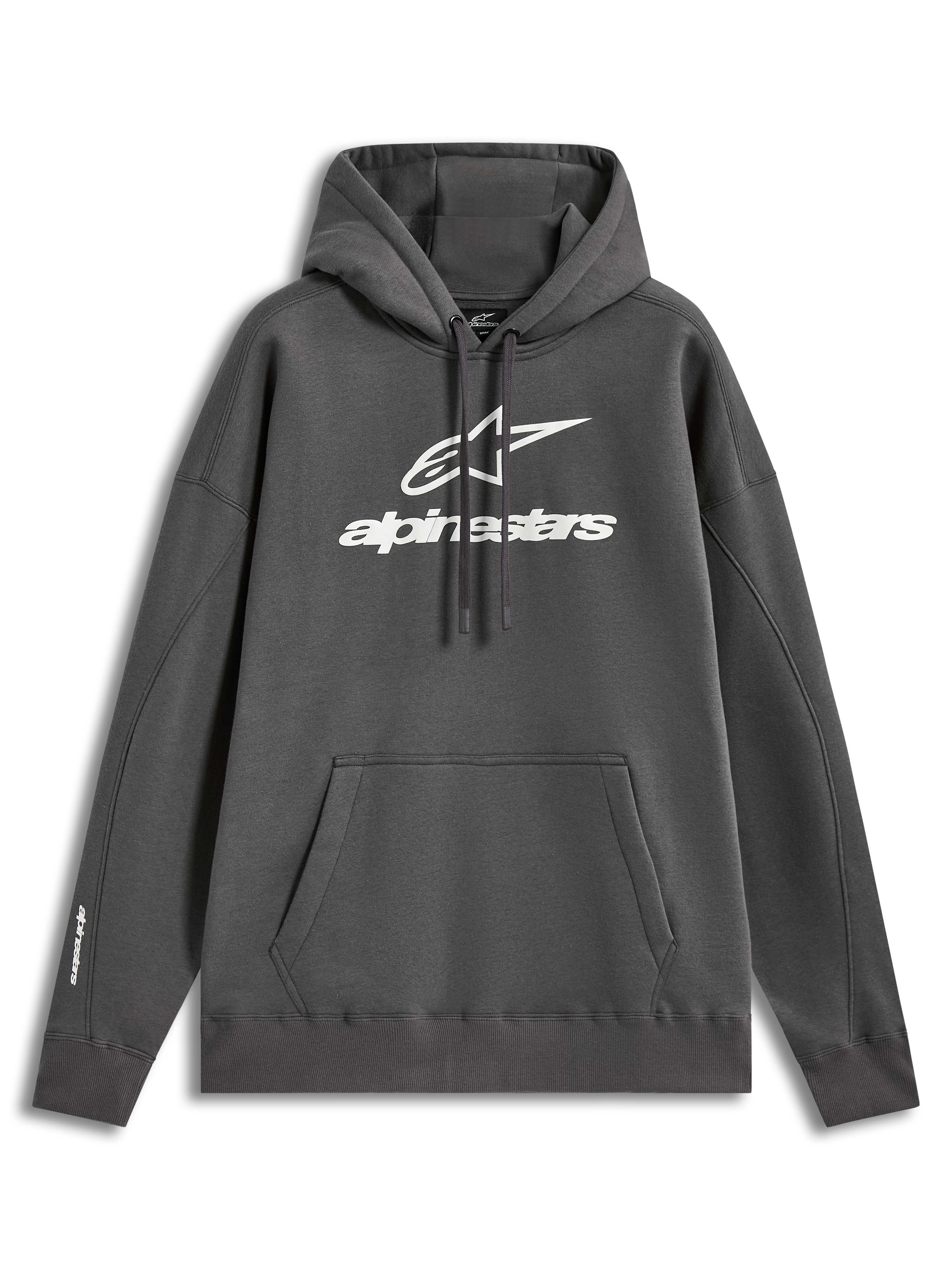 Alpinestars Prelude Oversized Hoodie, ciemnoszara polarowa bluza z kapturem, białe wypukłe logo na piersi, luźny krój.