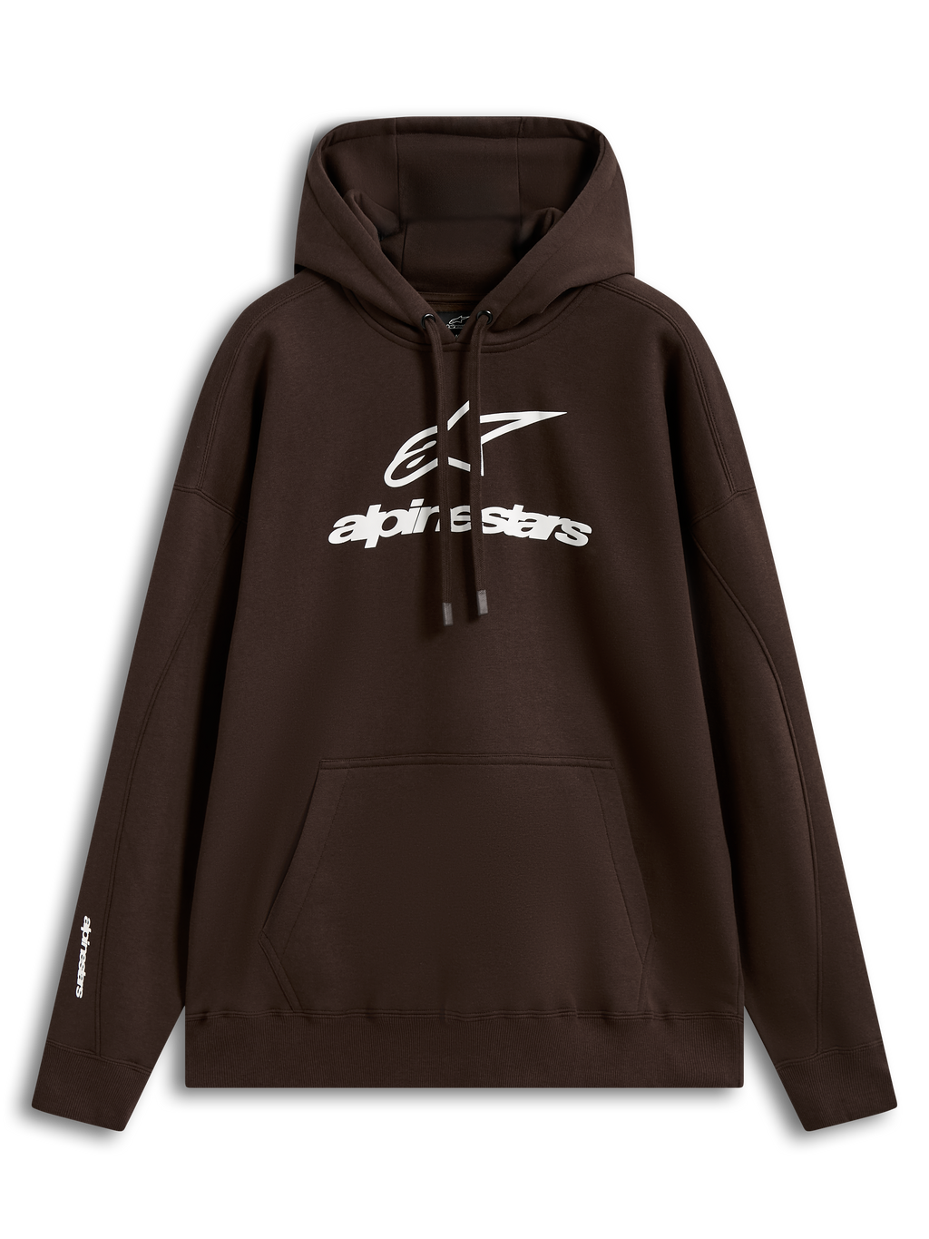 Alpinestars Prelude Oversized Hoodie, brązowa bluza o luźnym kroju, białe wypukłe logo na piersi, kieszeń kangurka i polar.
