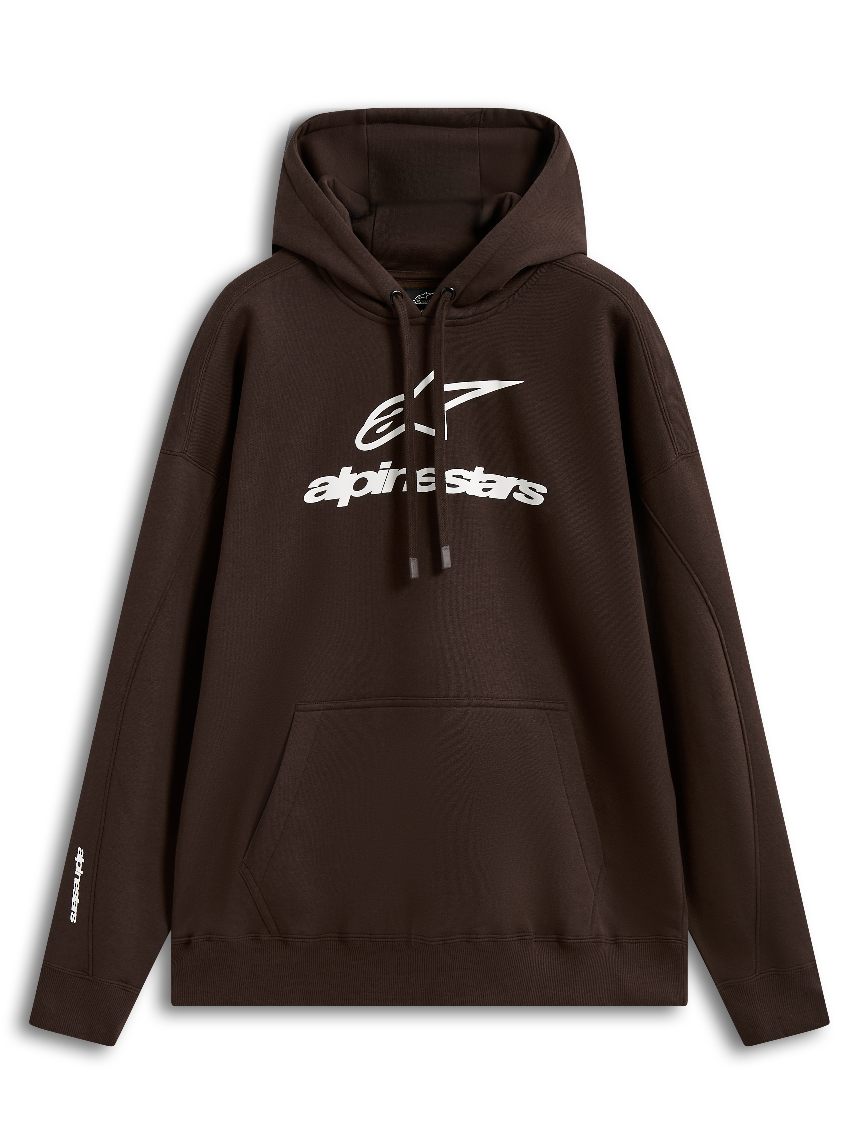 Alpinestars Prelude Oversized Hoodie, brązowa bluza o luźnym kroju, białe wypukłe logo na piersi, kieszeń kangurka i polar.