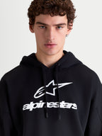 Alpinestars Bluza Z Kapturem Prelude Oversized, czarna męska bluza dresowa, białe wypukłe logo na piersi, luźny krój oversized, kaptur z płaskimi sznurkami, casualowa odzież sportowa