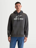 Alpinestars Prelude Oversize, męska bluza z kapturem, ciemnoszara i biała, prezentowana na modelu, luźny krój z kieszenią kangurka, białe wypukłe logo na piersi i rękawie, polarowa odzież sportowa z bawełny i poliestru z recyklingu.
