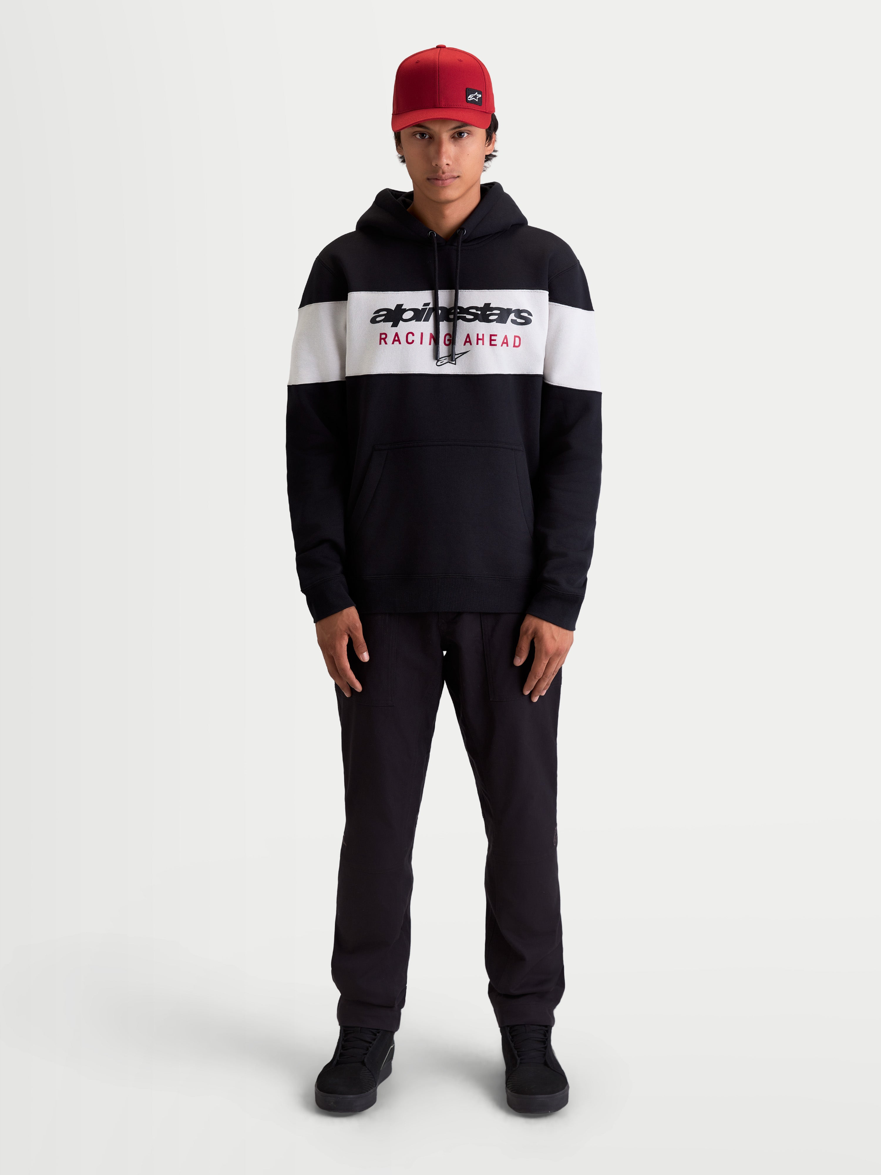 Alpinestars Cubic Hoodie, Sportswear Pullover Fleece for Men, Black and White, featuring a color-blocked chest with bold Alpinestars Racing Ahead logo, comfortable cotton blend for casual off-bike style.