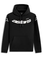 Alpinestars Velocifier Hoodie, czarna codzienna bluza z kapturem, wyrazista biała grafika na piersi i przednia kieszeń.