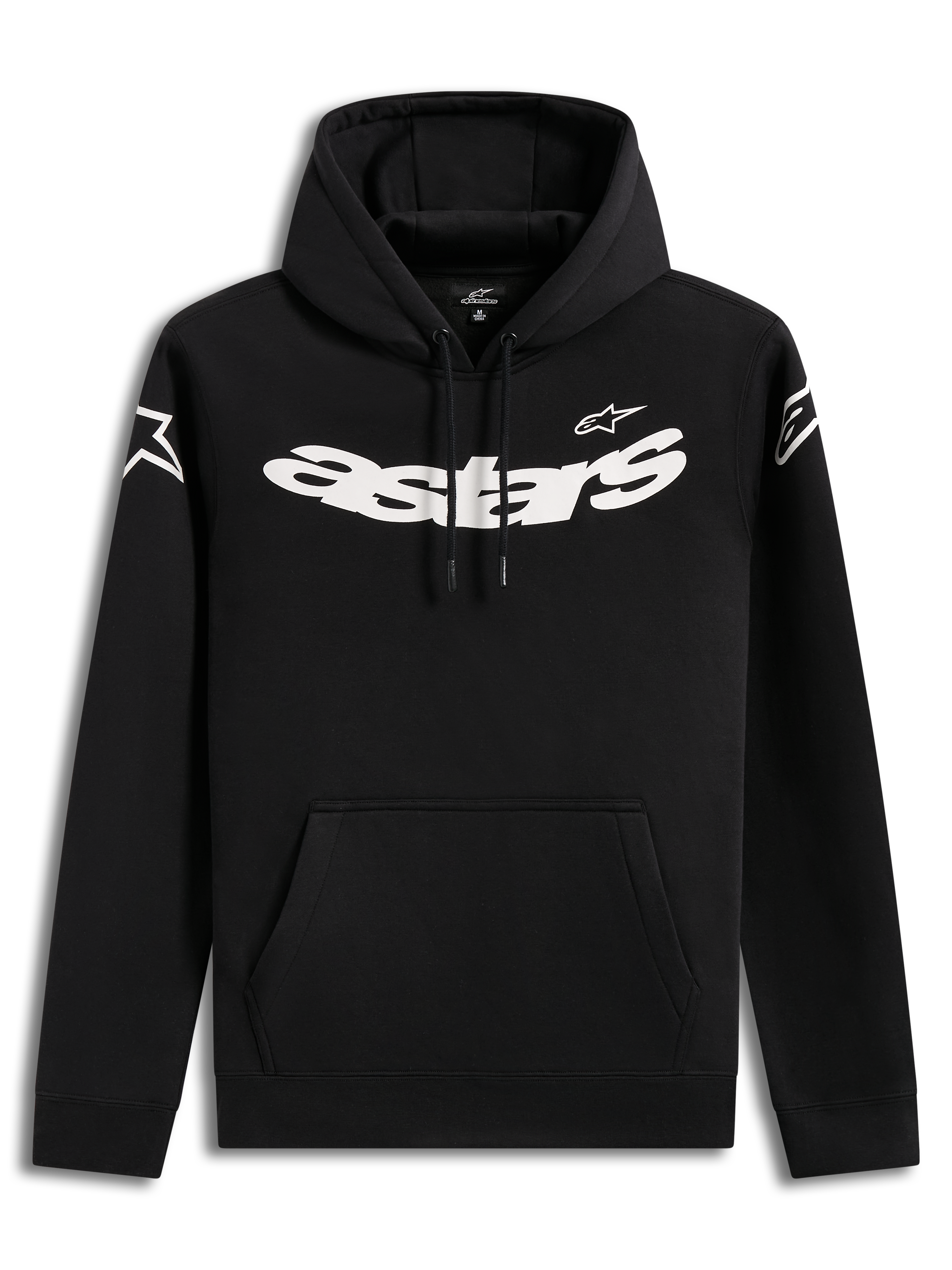 Alpinestars Velocifier Hoodie, czarna codzienna bluza z kapturem, wyrazista biała grafika na piersi i przednia kieszeń.