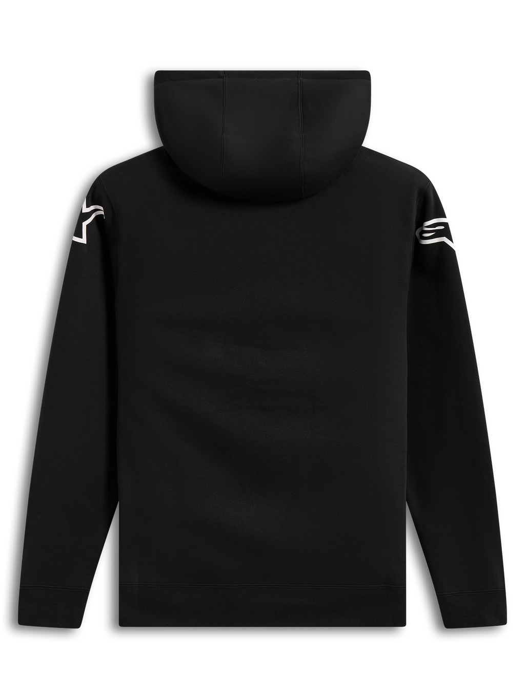 Alpinestars Velocifier Hoodie, czarna casualowa bluza z kapturem, widok z tyłu z białymi logotypami na ramionach.