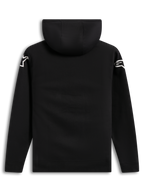 Alpinestars Velocifier Hoodie, czarna casualowa bluza z kapturem, widok z tyłu z białymi logotypami na ramionach.