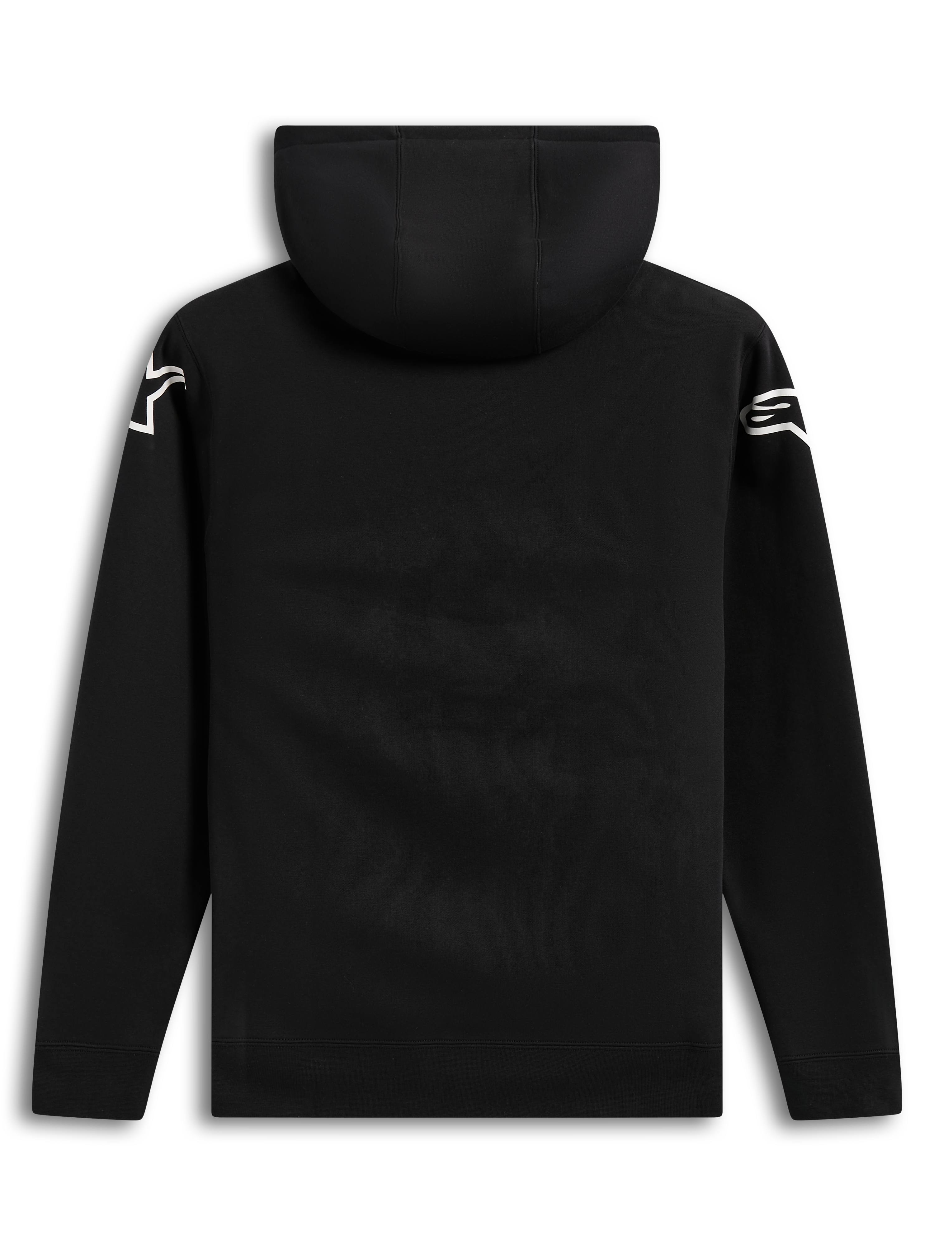 Alpinestars Velocifier Hoodie, czarna casualowa bluza z kapturem, widok z tyłu z białymi logotypami na ramionach.
