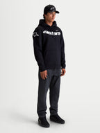 Alpinestars Bluza Z Kapturem Velocifier, męska bluza sportowa typu pullover, czarna i biała, biały napis Astars na klatce piersiowej, logotypy na ramionach, wykonana z mieszanki bawełny, styl motorsport poza motocyklem