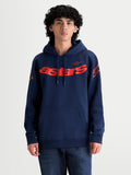Alpinestars bluza z kapturem Velocifier, sportowa bluza typu pullover, granatowa i czerwona, z dużym logo Astars na piersi i logo na ramionach, wykonana z miękkiej mieszanki bawełny z kieszenią typu kangurka i kapturem regulowanym sznurkiem, odzież lifestyle w stylu motorsport.