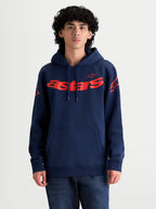 Alpinestars bluza z kapturem Velocifier, sportowa bluza typu pullover, granatowa i czerwona, z dużym logo Astars na piersi i logo na ramionach, wykonana z miękkiej mieszanki bawełny z kieszenią typu kangurka i kapturem regulowanym sznurkiem, odzież lifestyle w stylu motorsport.