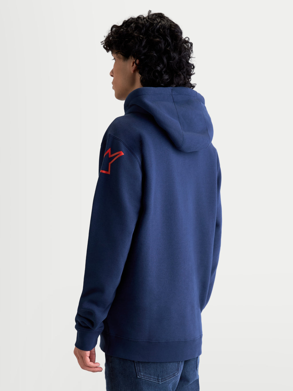Alpinestars Bluza Z Kapturem Velocifier, męska sportowa bluza polarowa typu pull-over w kolorze granatowym i czerwonym, z kapturem i kultowym logo Astars na ramieniu, casualowa odzież motorsportowa poza motocyklem.