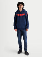 Alpinestars bluza z kapturem Velocifier, męska bluza sportswear typu pullover, granatowa i czerwona, wyraziste czerwone logo Astars na klatce piersiowej i ramionach, regulowany kaptur i przednia kieszeń typu kangurka.